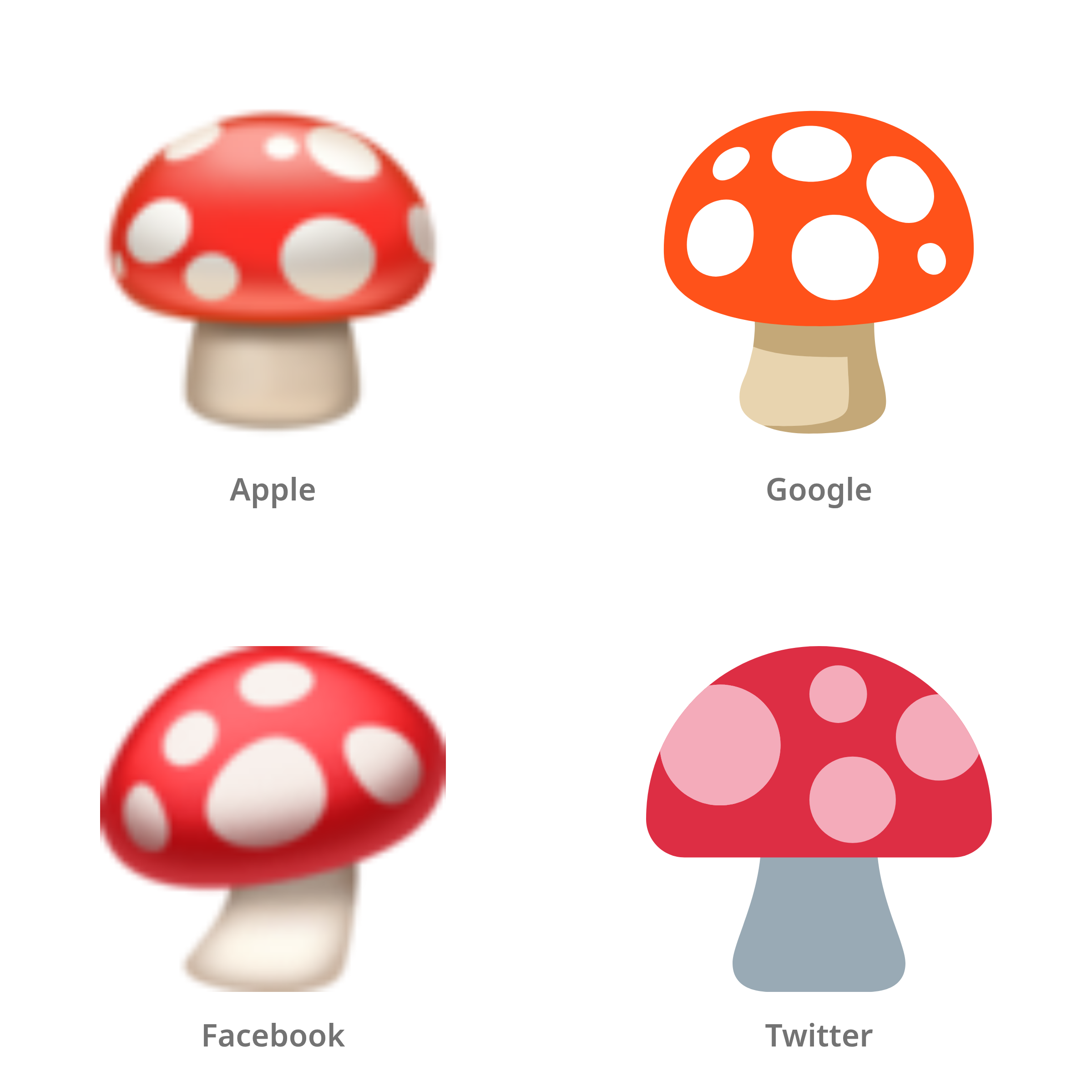 De emoji paddenstoel in Apple-, Google-, Facebook- en Twitter-stijl