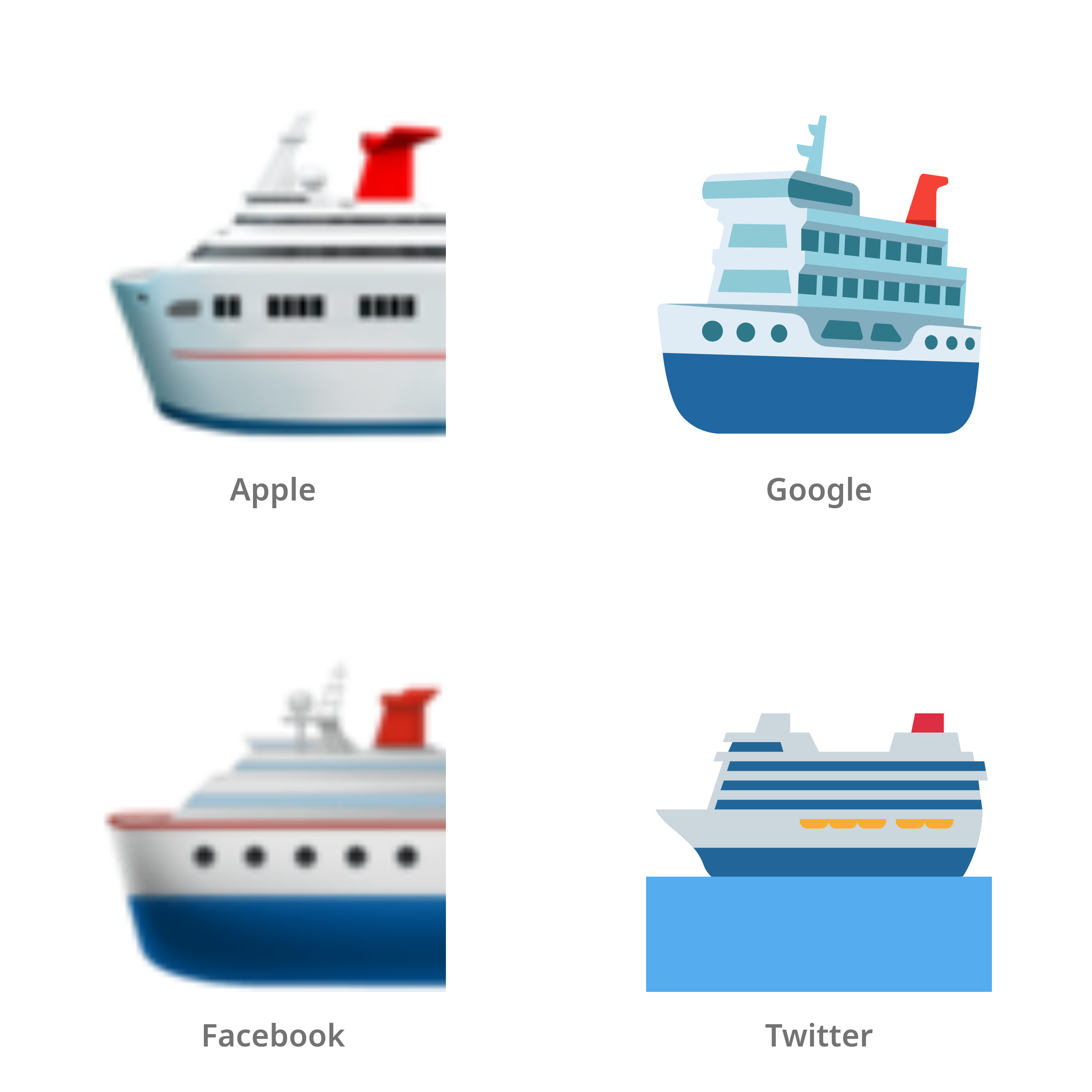 De emoji passagiersschip in Apple-, Google-, Facebook- en Twitter-stijl