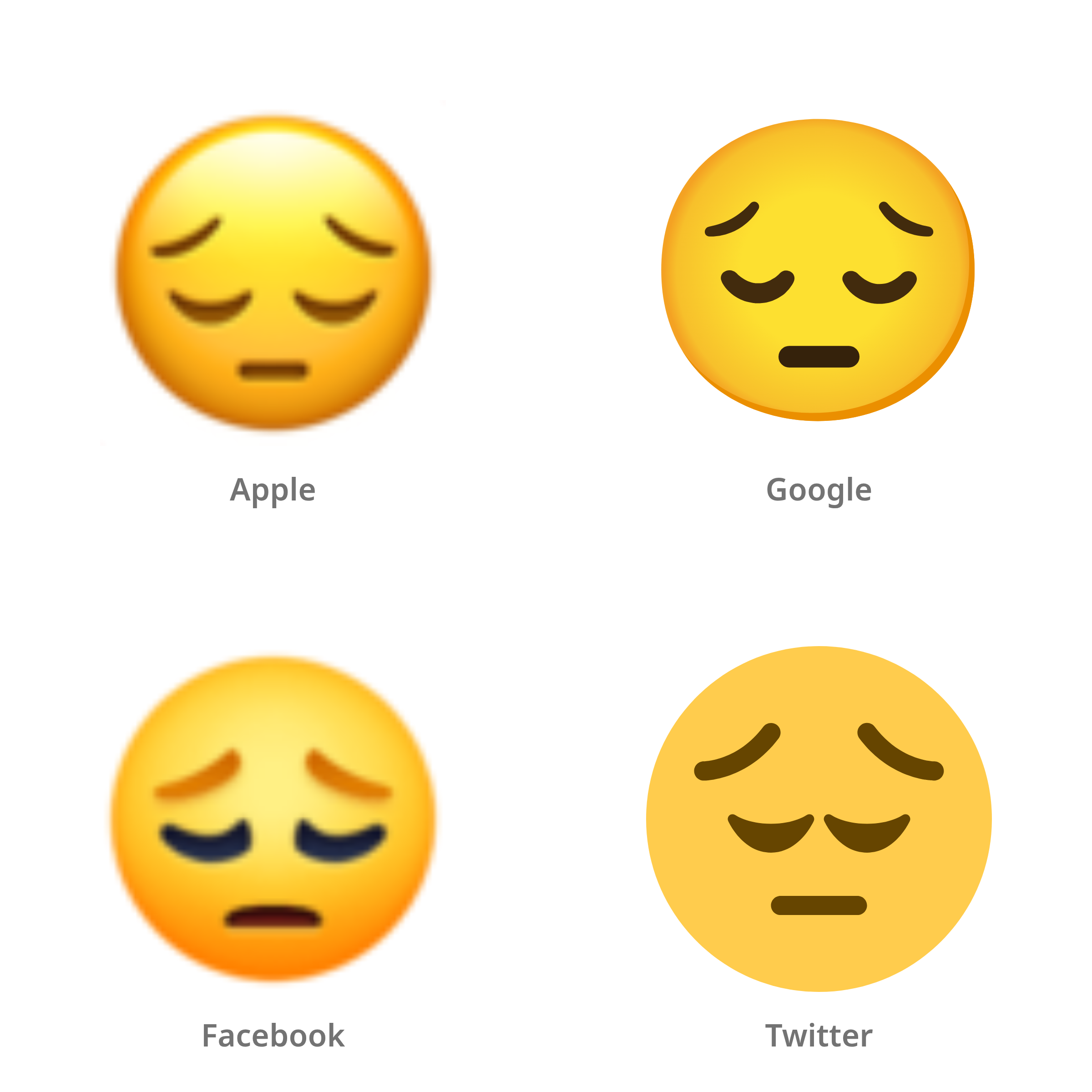 De emoji peinzend gezicht in Apple-, Google-, Facebook- en Twitter-stijl