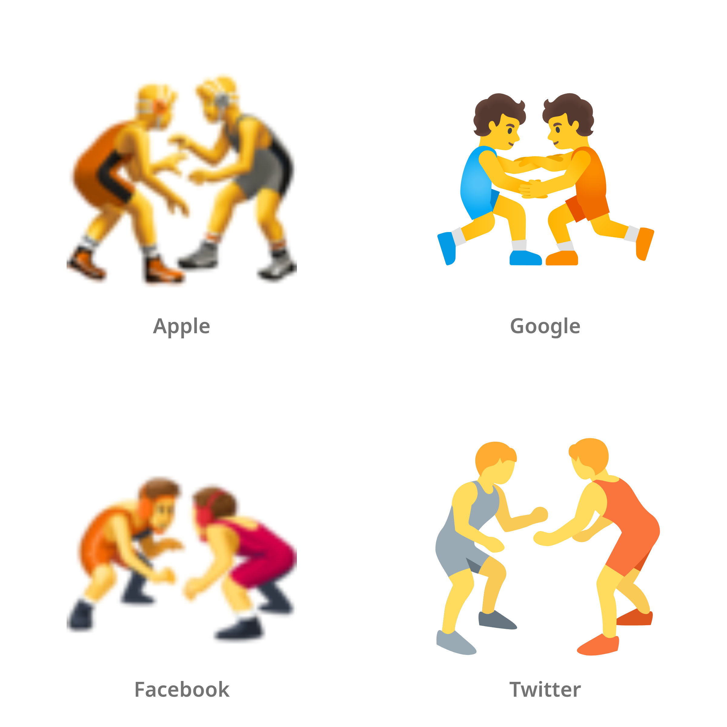 De emoji personen die worstelen in Apple-, Google-, Facebook- en Twitter-stijl