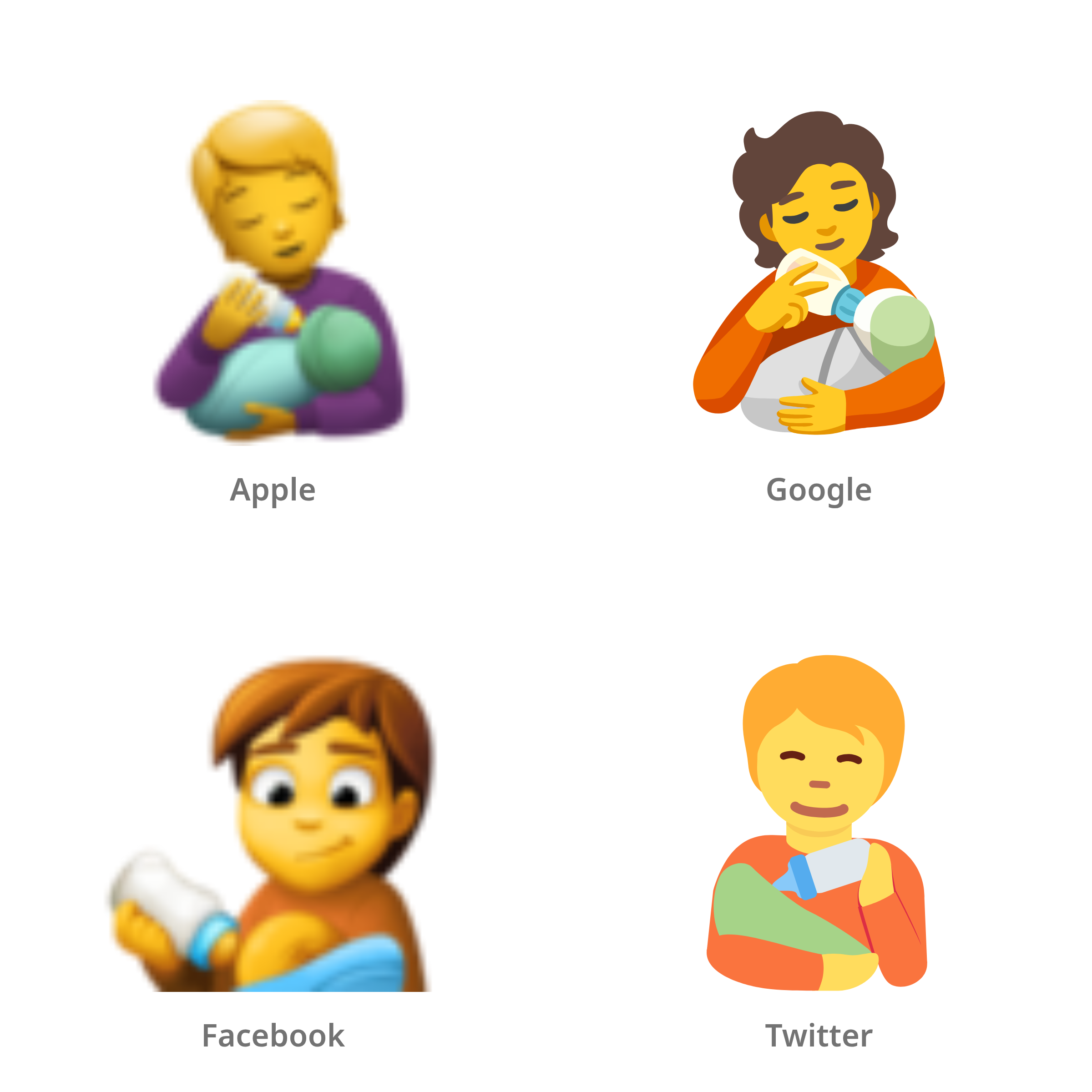 De emoji persoon die een baby voedt in Apple-, Google-, Facebook- en Twitter-stijl