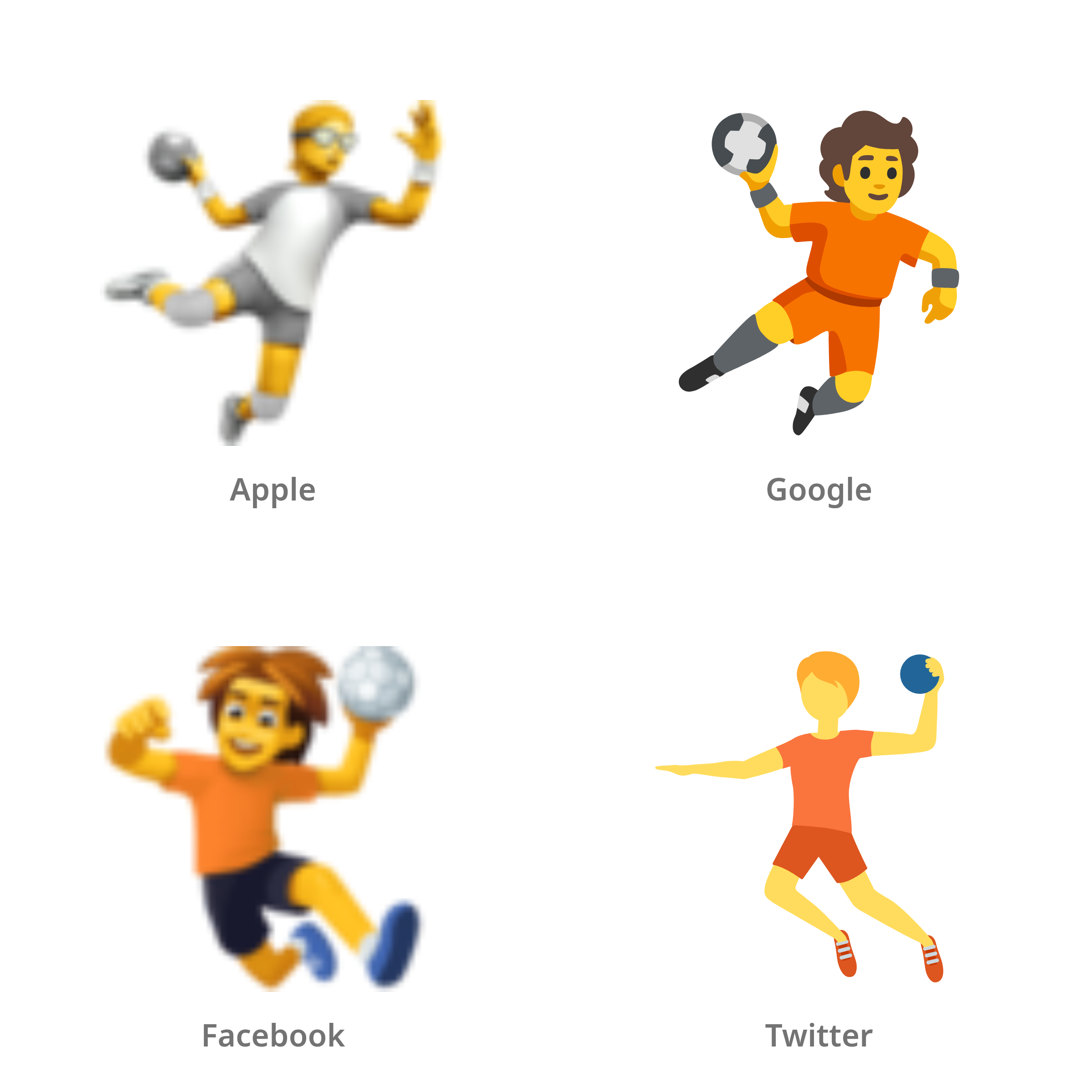 De emoji persoon die handbal speelt in Apple-, Google-, Facebook- en Twitter-stijl