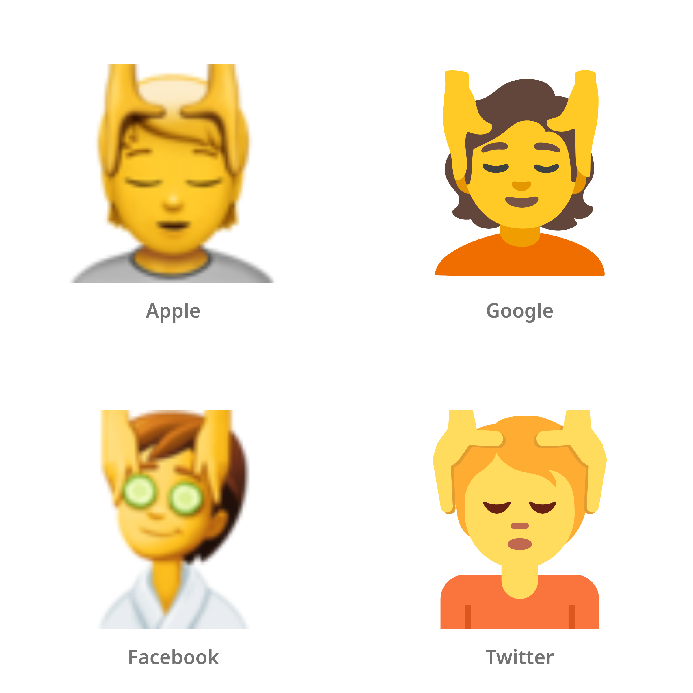 De emoji persoon die hoofdmassage krijgt in Apple-, Google-, Facebook- en Twitter-stijl