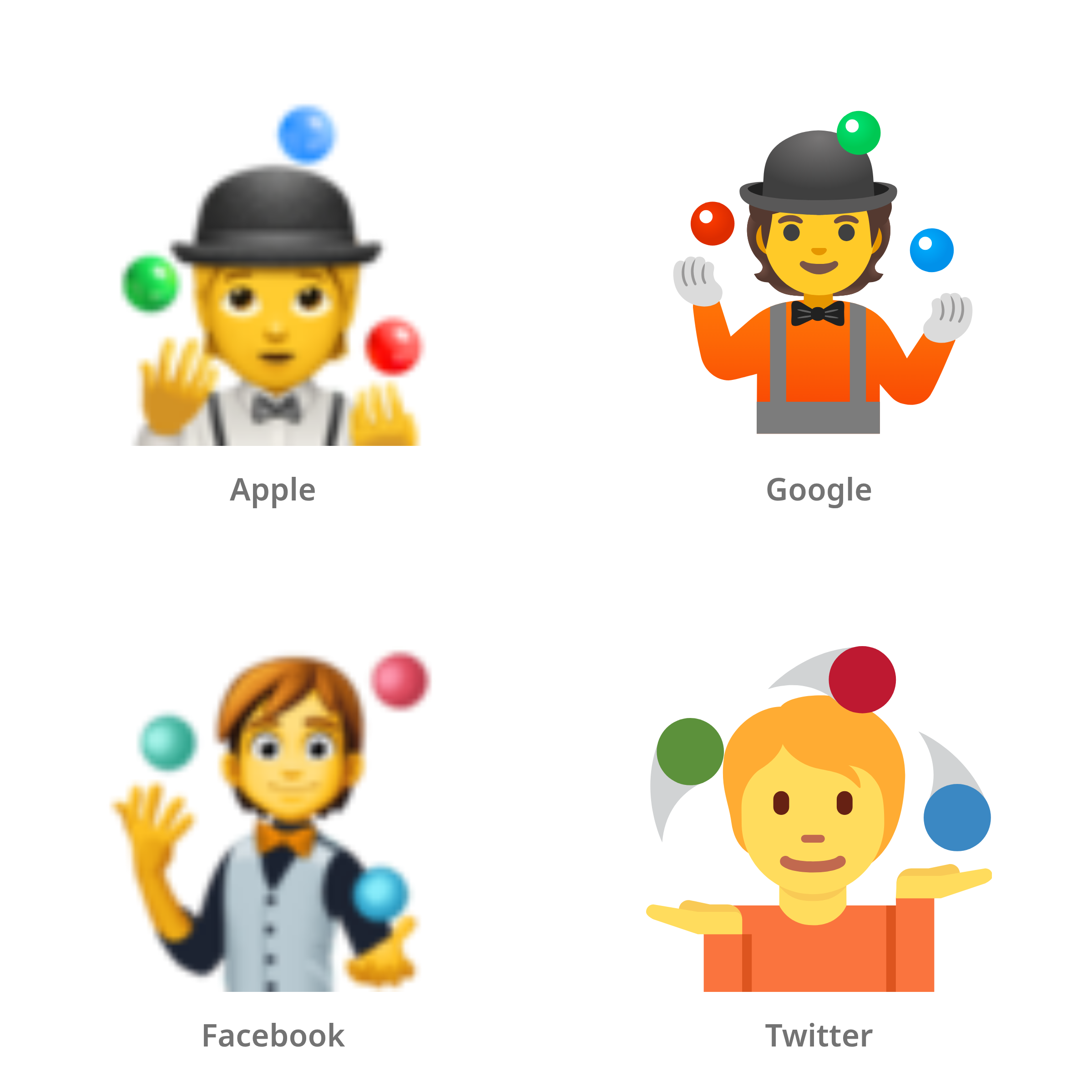 De emoji persoon die jongleert in Apple-, Google-, Facebook- en Twitter-stijl