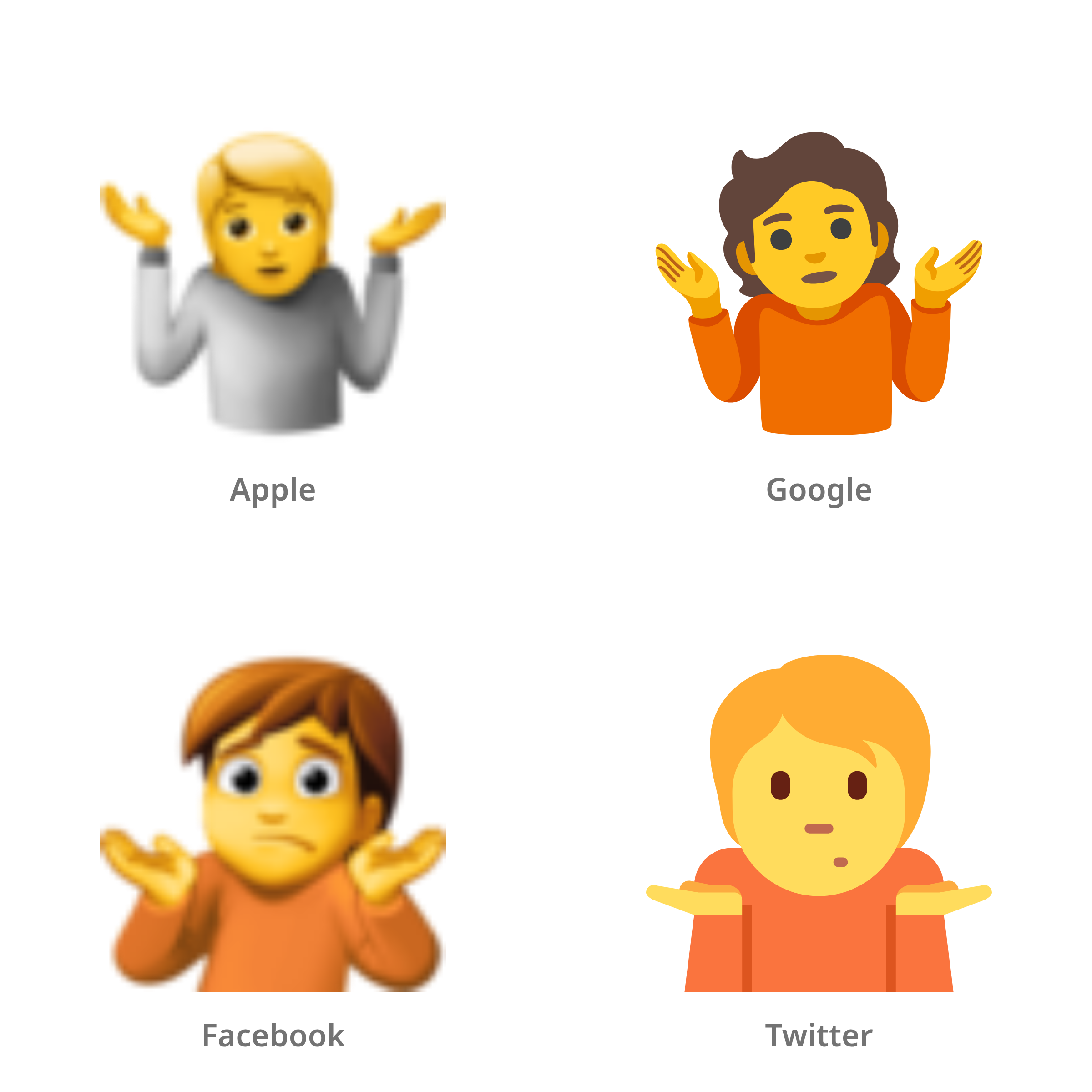 De emoji persoon die schouders ophaalt in Apple-, Google-, Facebook- en Twitter-stijl