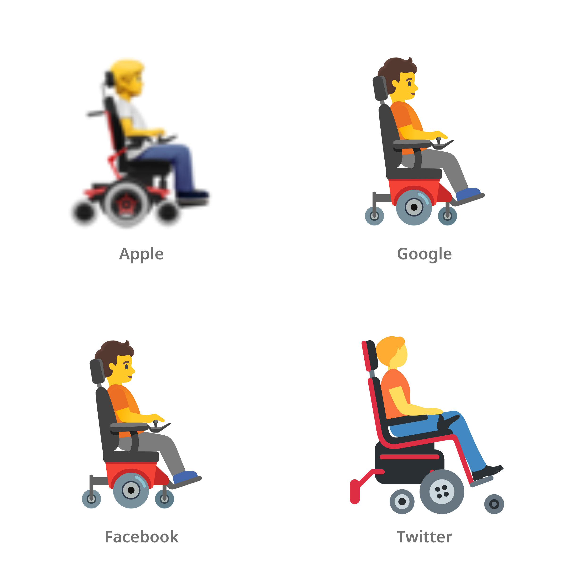 De emoji persoon in elektrische rolstoel: naar rechts gericht in Apple-, Google-, Facebook- en Twitter-stijl