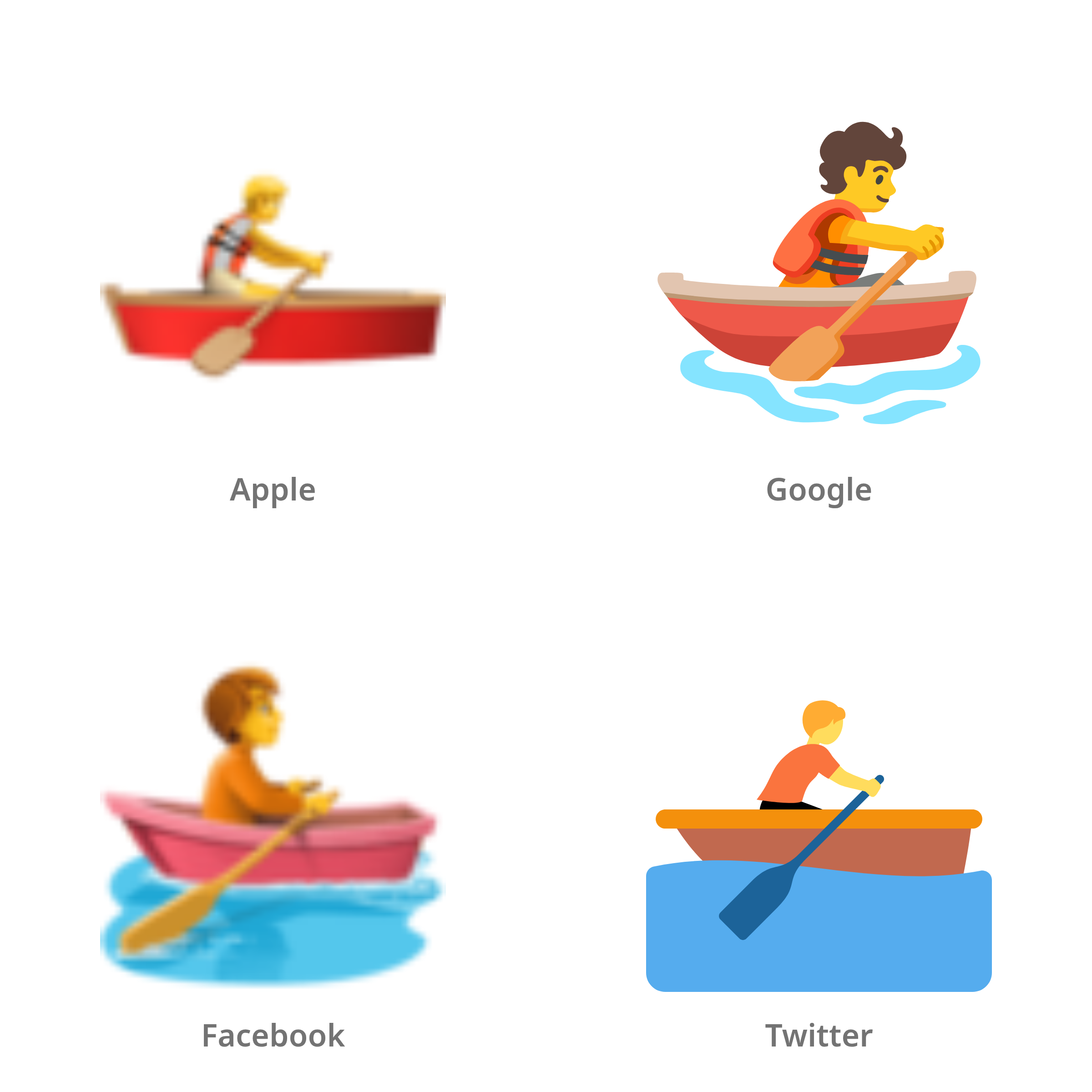 De emoji persoon in roeiboot in Apple-, Google-, Facebook- en Twitter-stijl