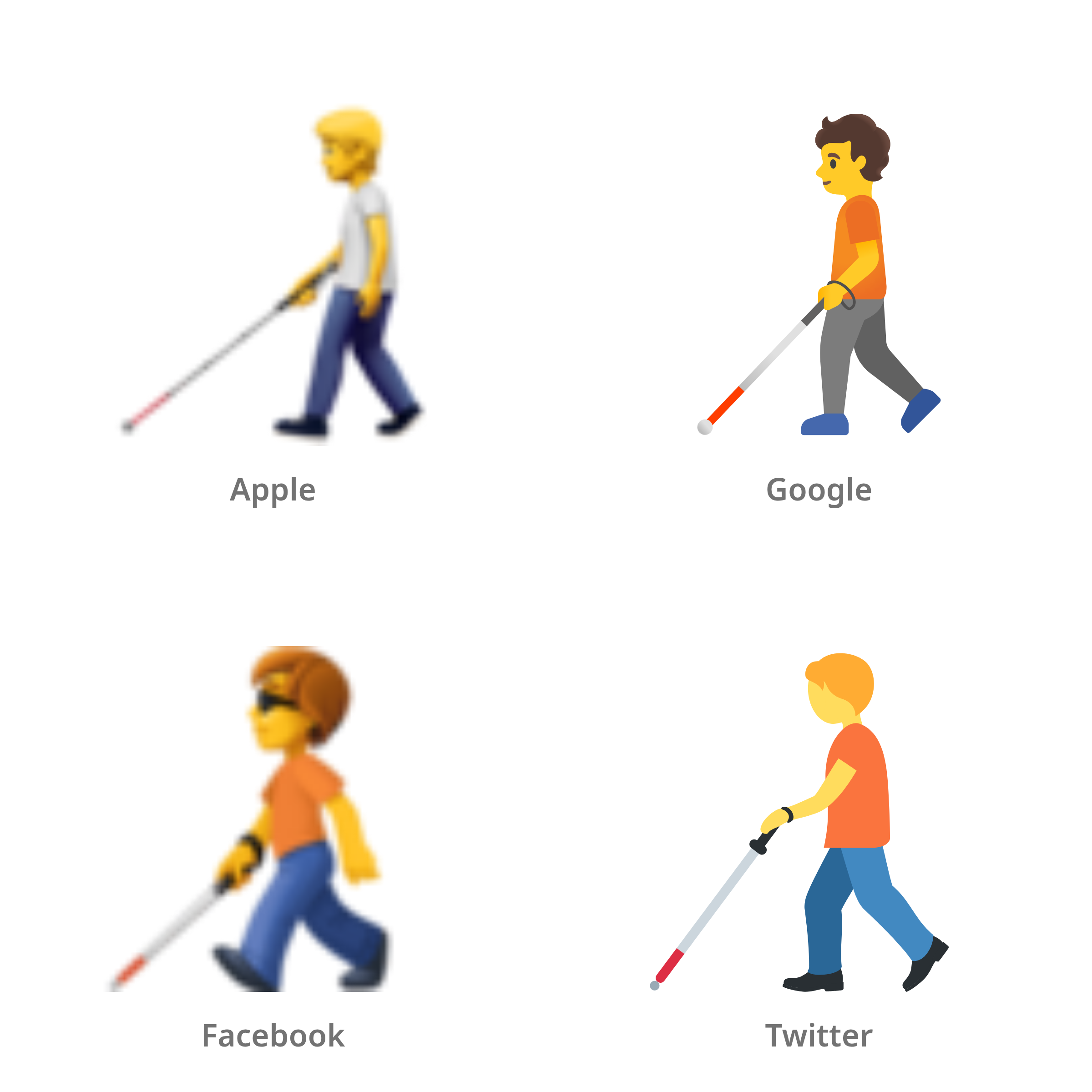 De emoji persoon met taststok in Apple-, Google-, Facebook- en Twitter-stijl