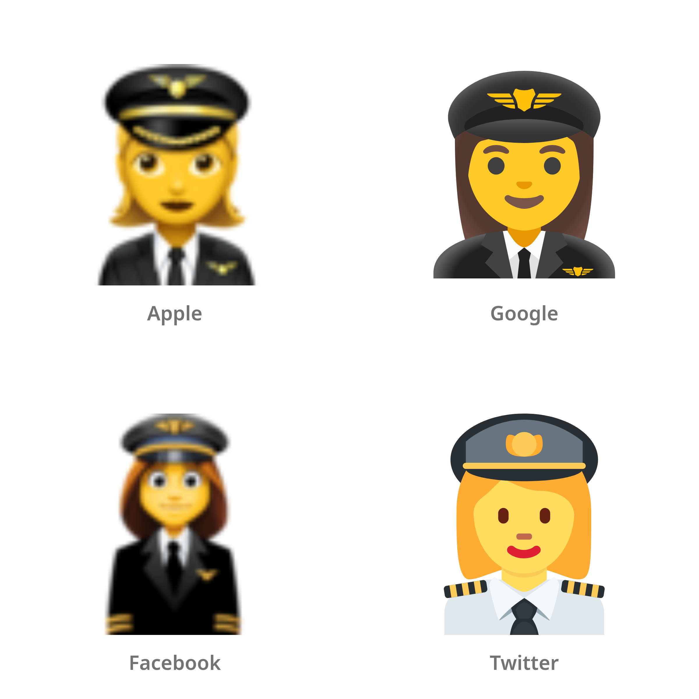 De emoji pilote in Apple-, Google-, Facebook- en Twitter-stijl