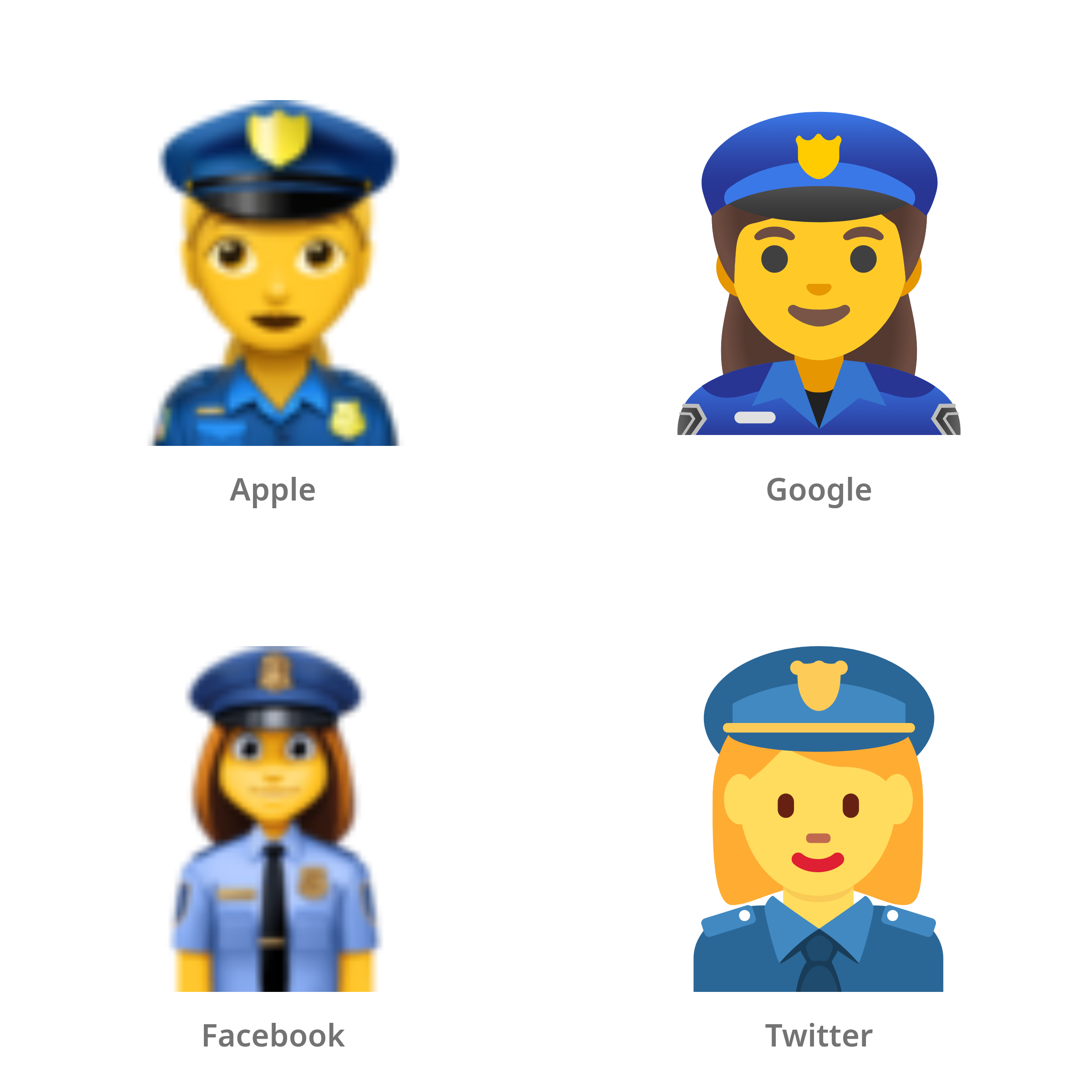 De emoji politievrouw in Apple-, Google-, Facebook- en Twitter-stijl