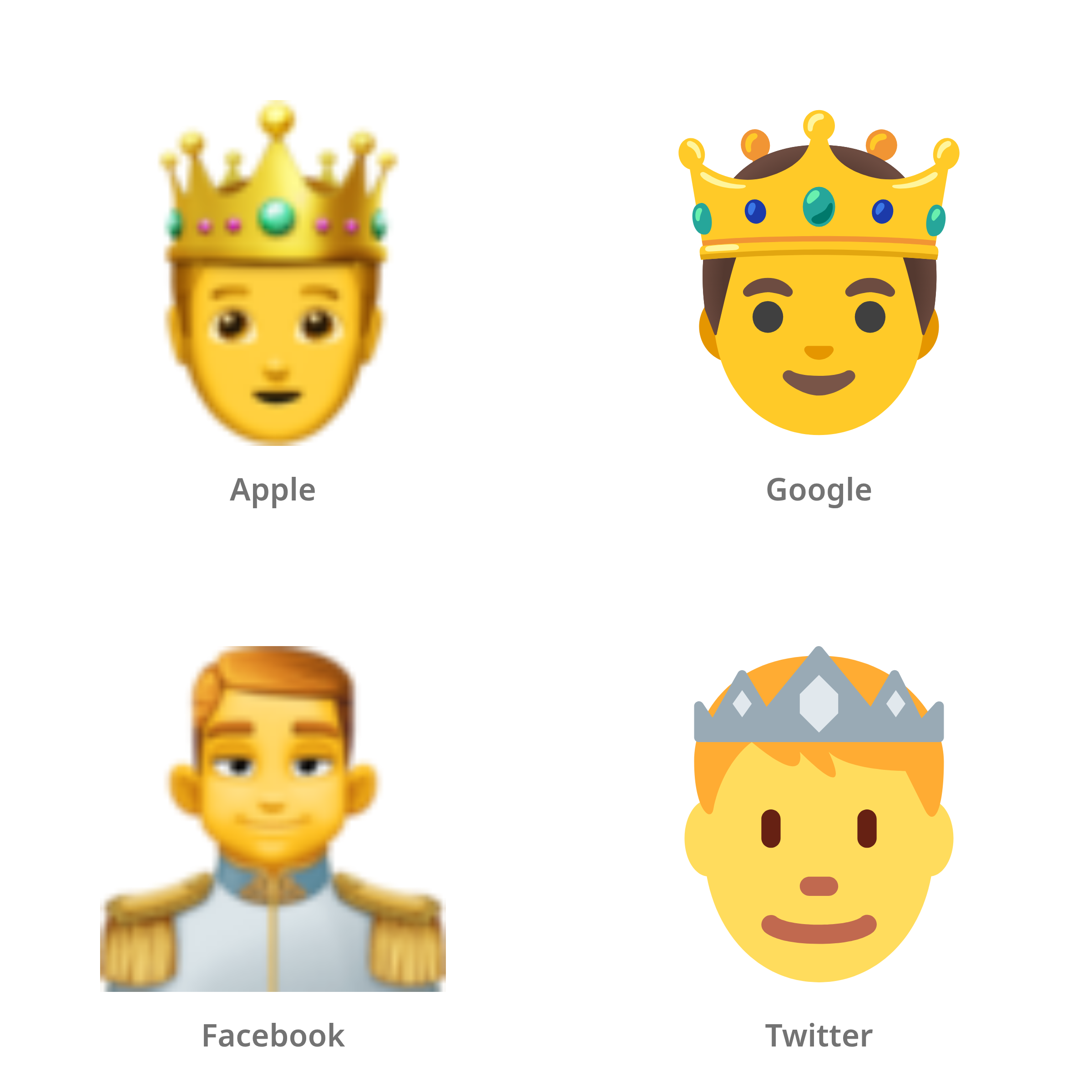 De emoji prins in Apple-, Google-, Facebook- en Twitter-stijl
