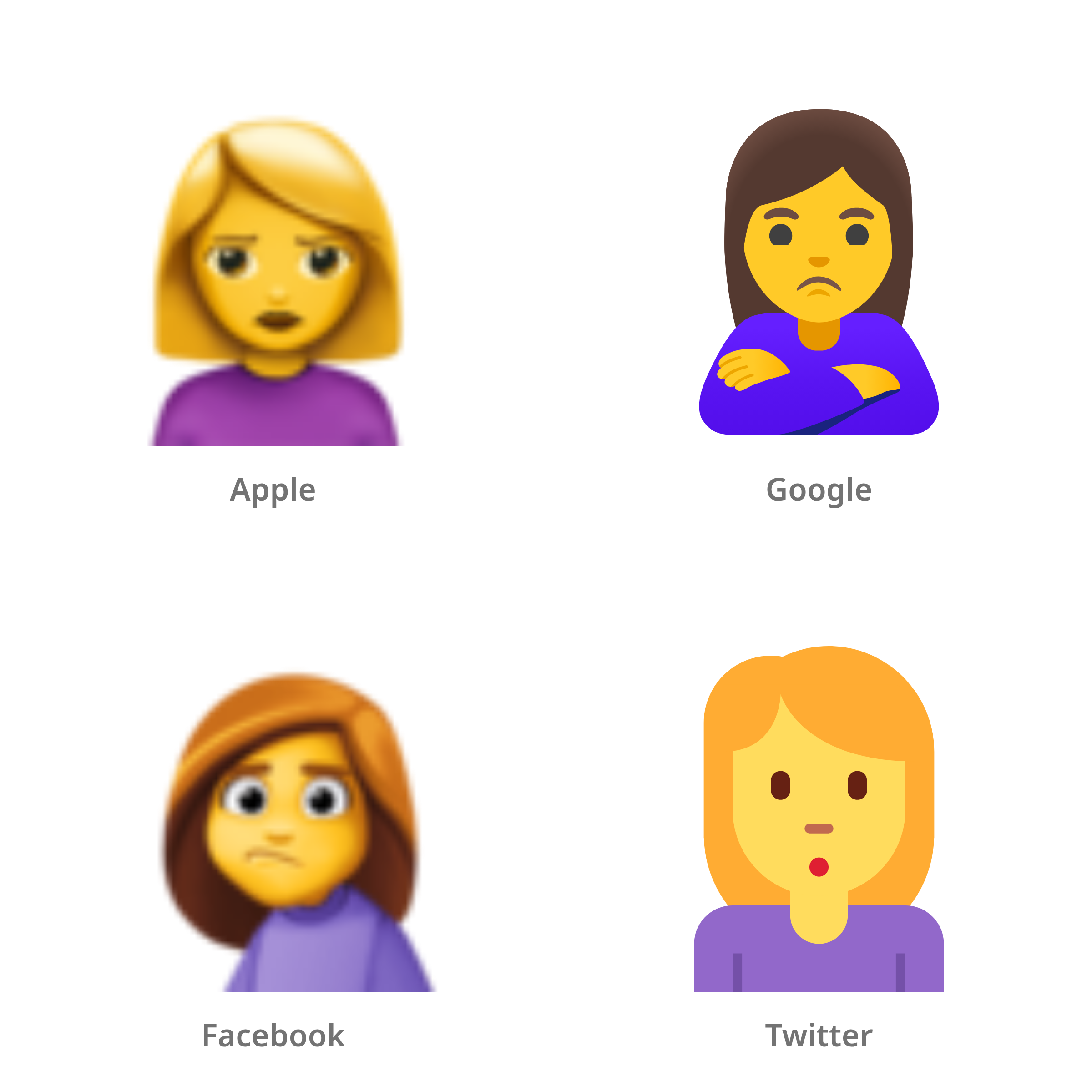 De emoji pruilende vrouw in Apple-, Google-, Facebook- en Twitter-stijl