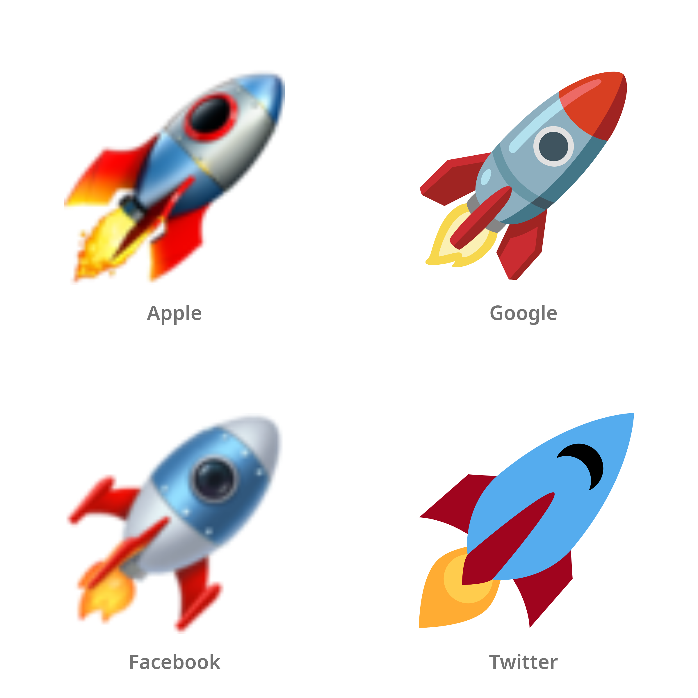 De emoji raket in Apple-, Google-, Facebook- en Twitter-stijl