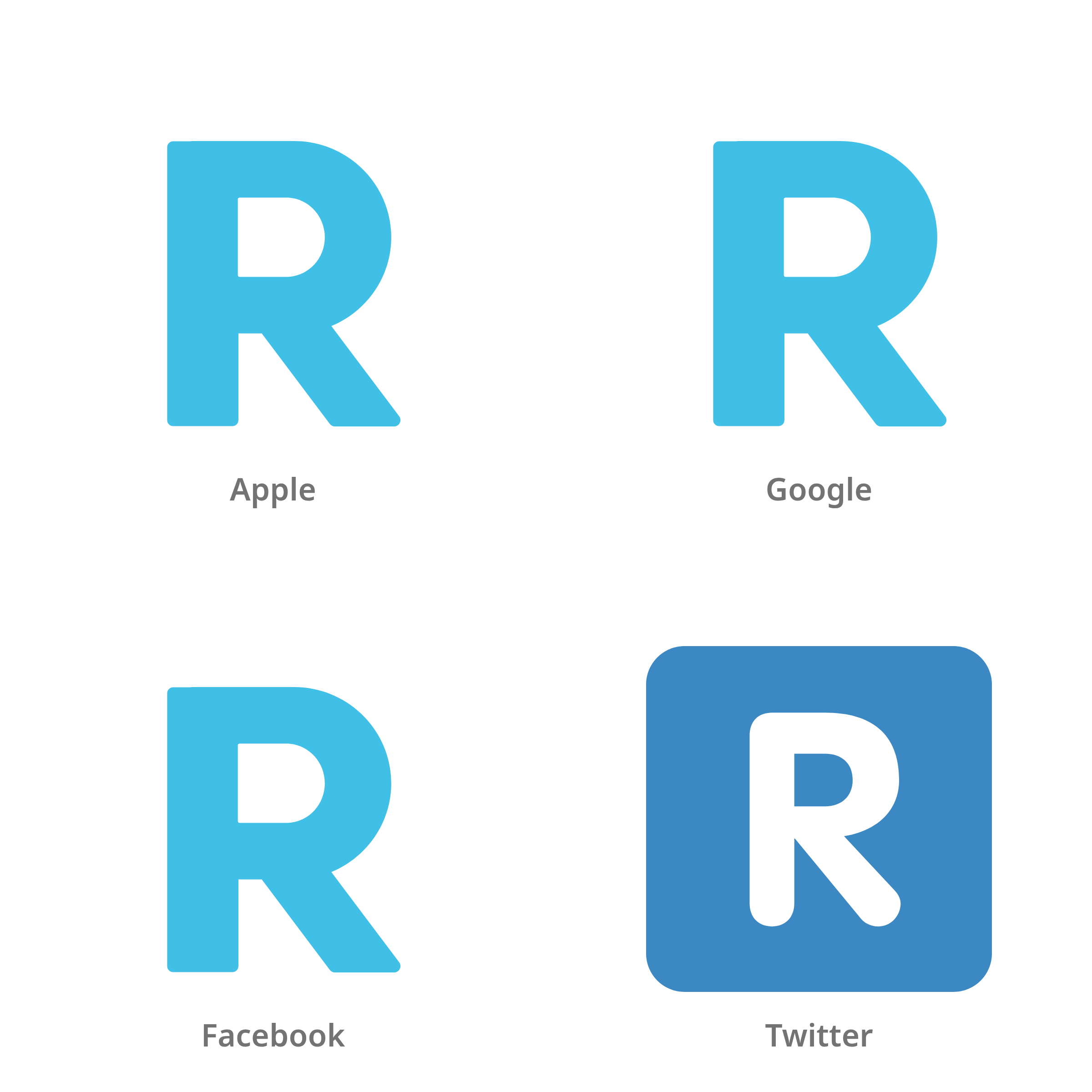 De emoji regionale indicator R in Apple-, Google-, Facebook- en Twitter-stijl