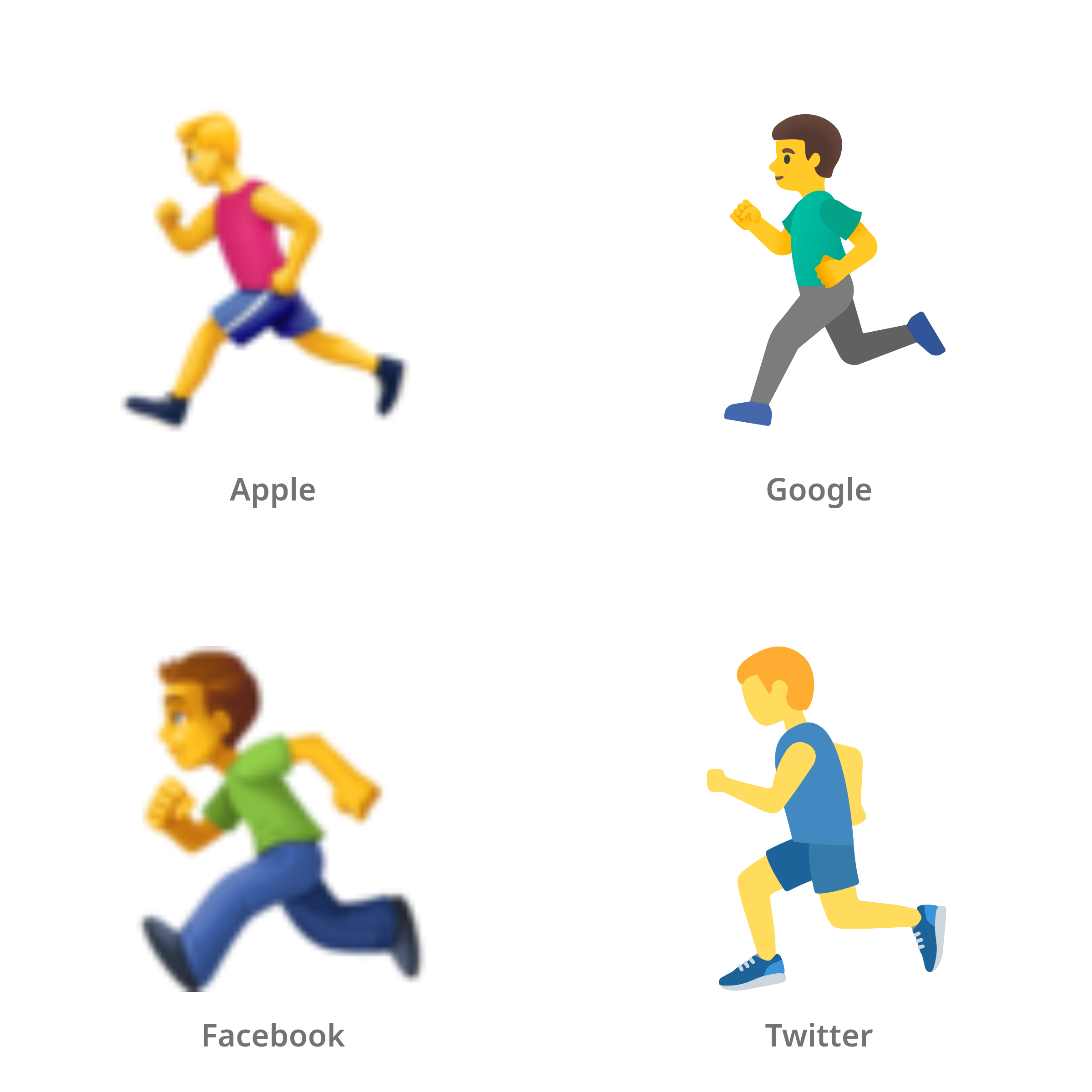 De emoji rennende man in Apple-, Google-, Facebook- en Twitter-stijl