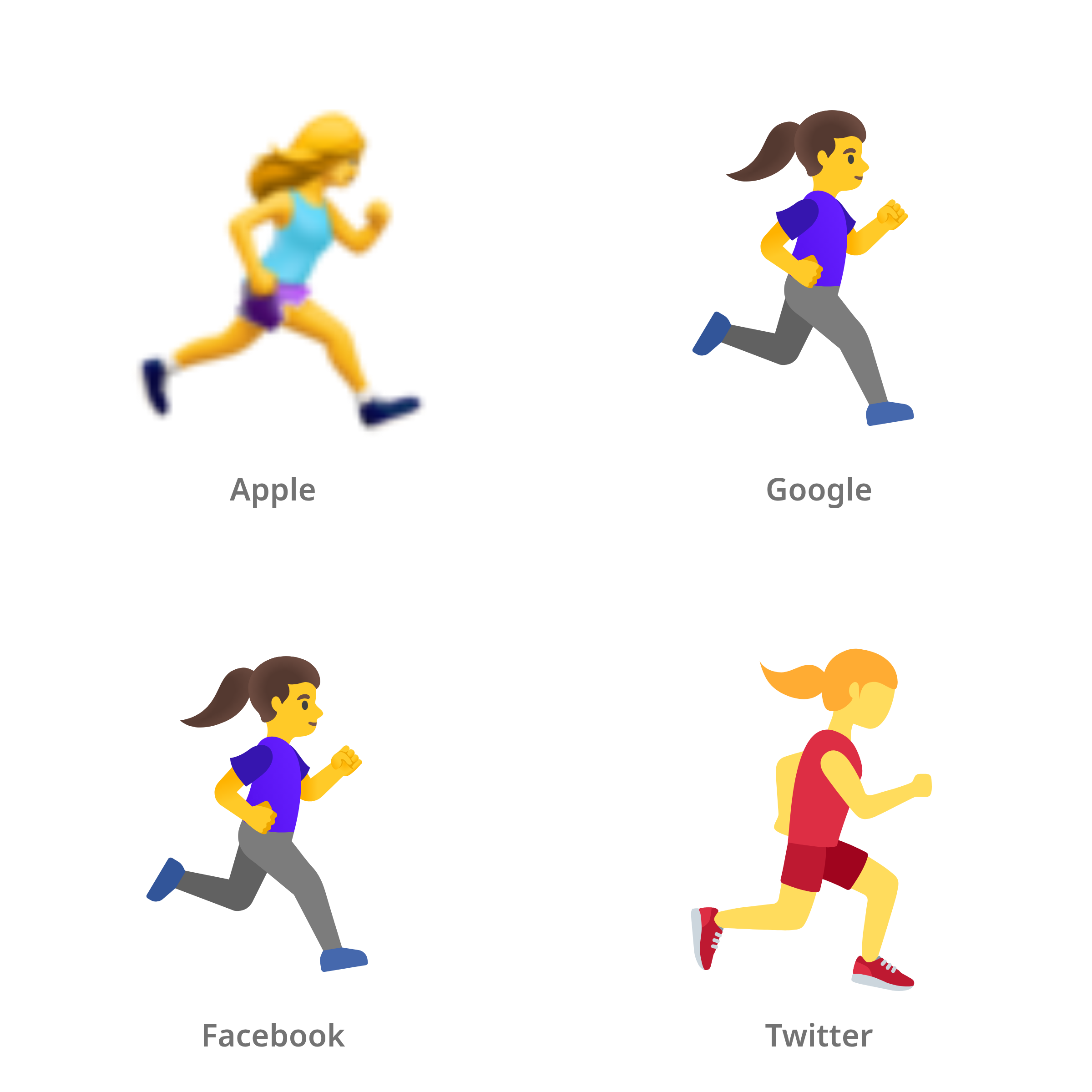 De emoji rennende vrouw: naar rechts gericht in Apple-, Google-, Facebook- en Twitter-stijl