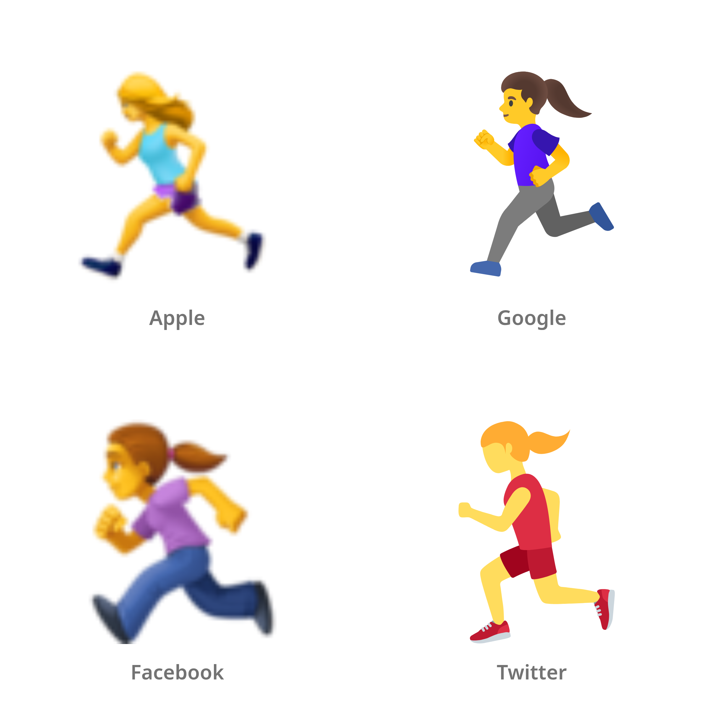 De emoji rennende vrouw in Apple-, Google-, Facebook- en Twitter-stijl