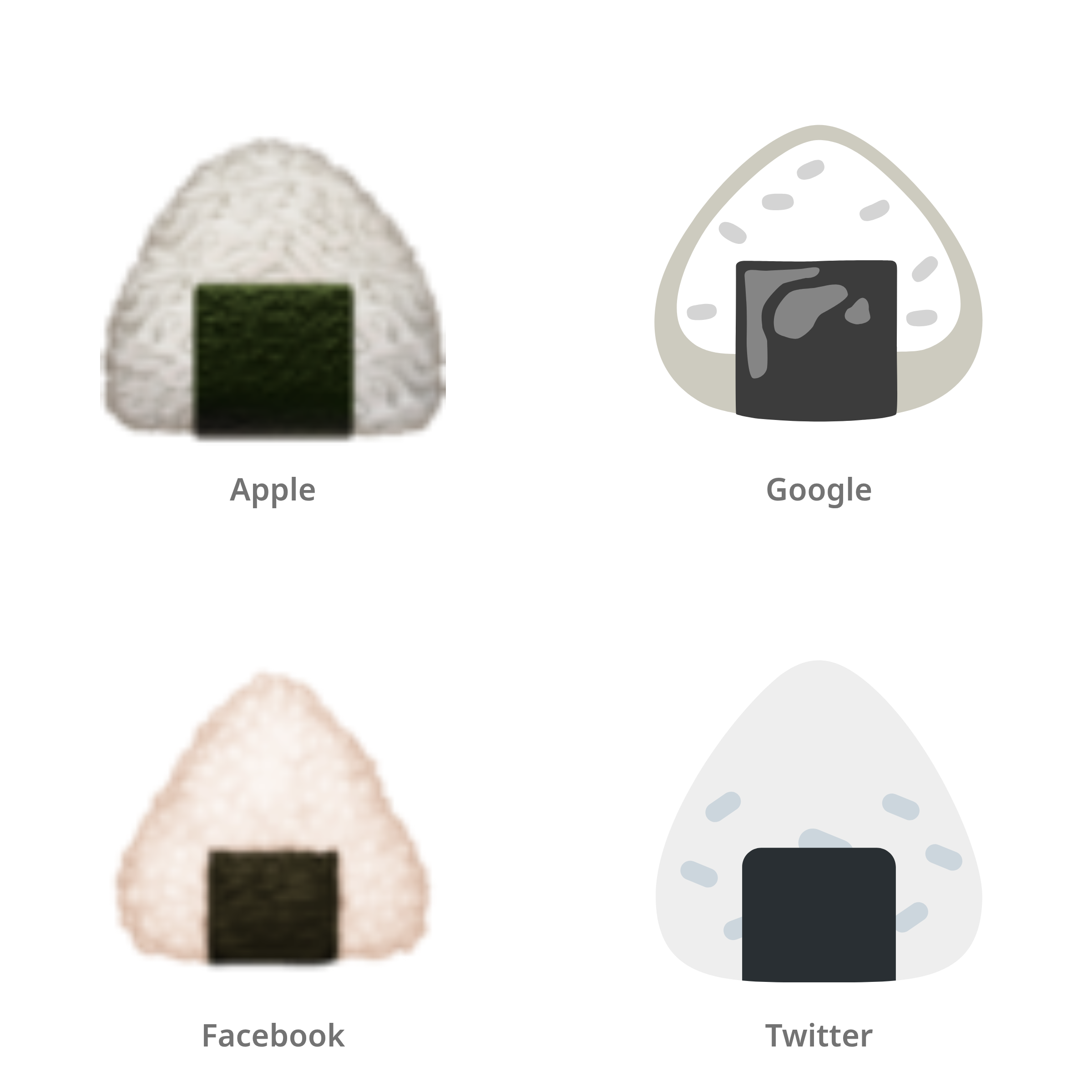 De emoji rijstballetje in Apple-, Google-, Facebook- en Twitter-stijl