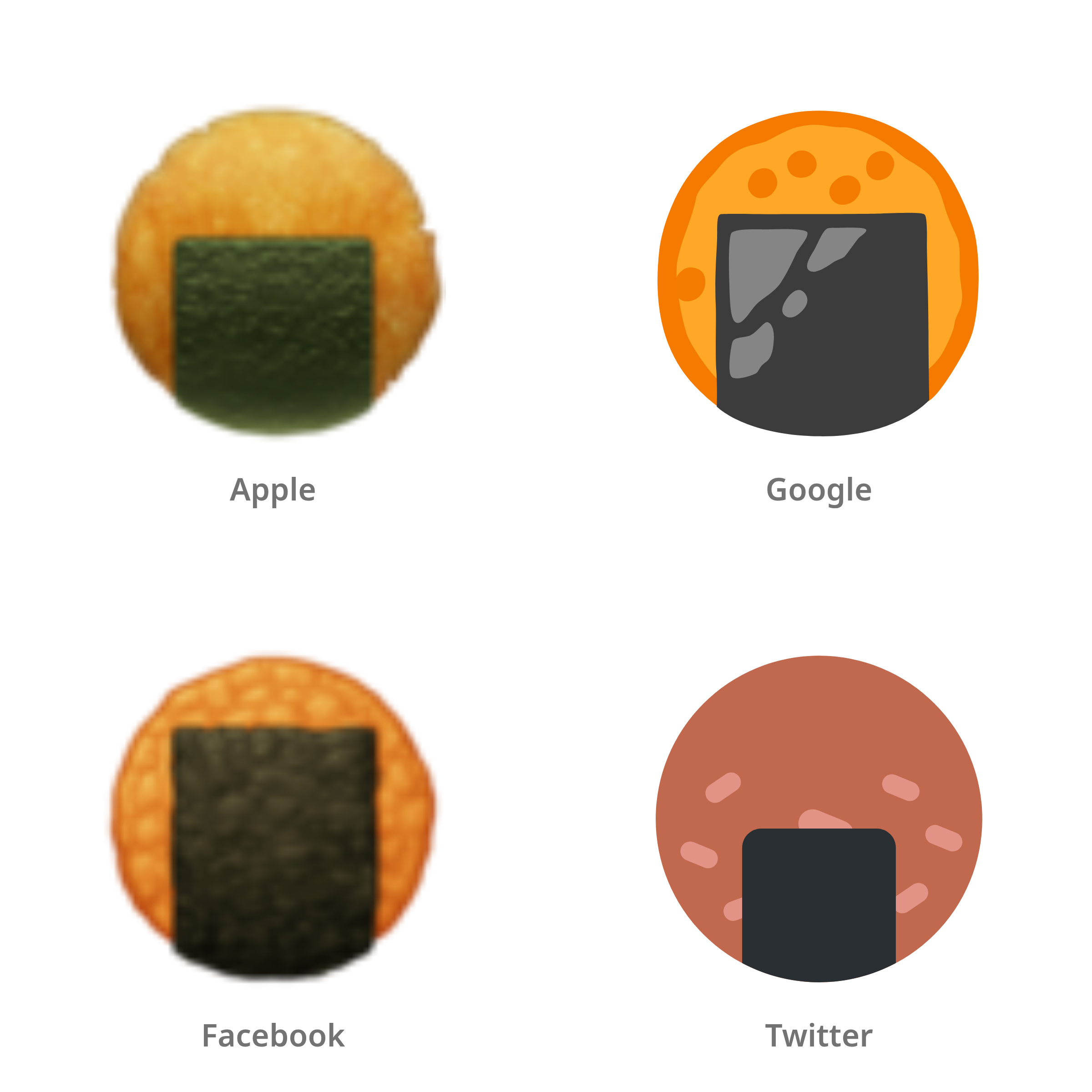 De emoji rijstwafel in Apple-, Google-, Facebook- en Twitter-stijl