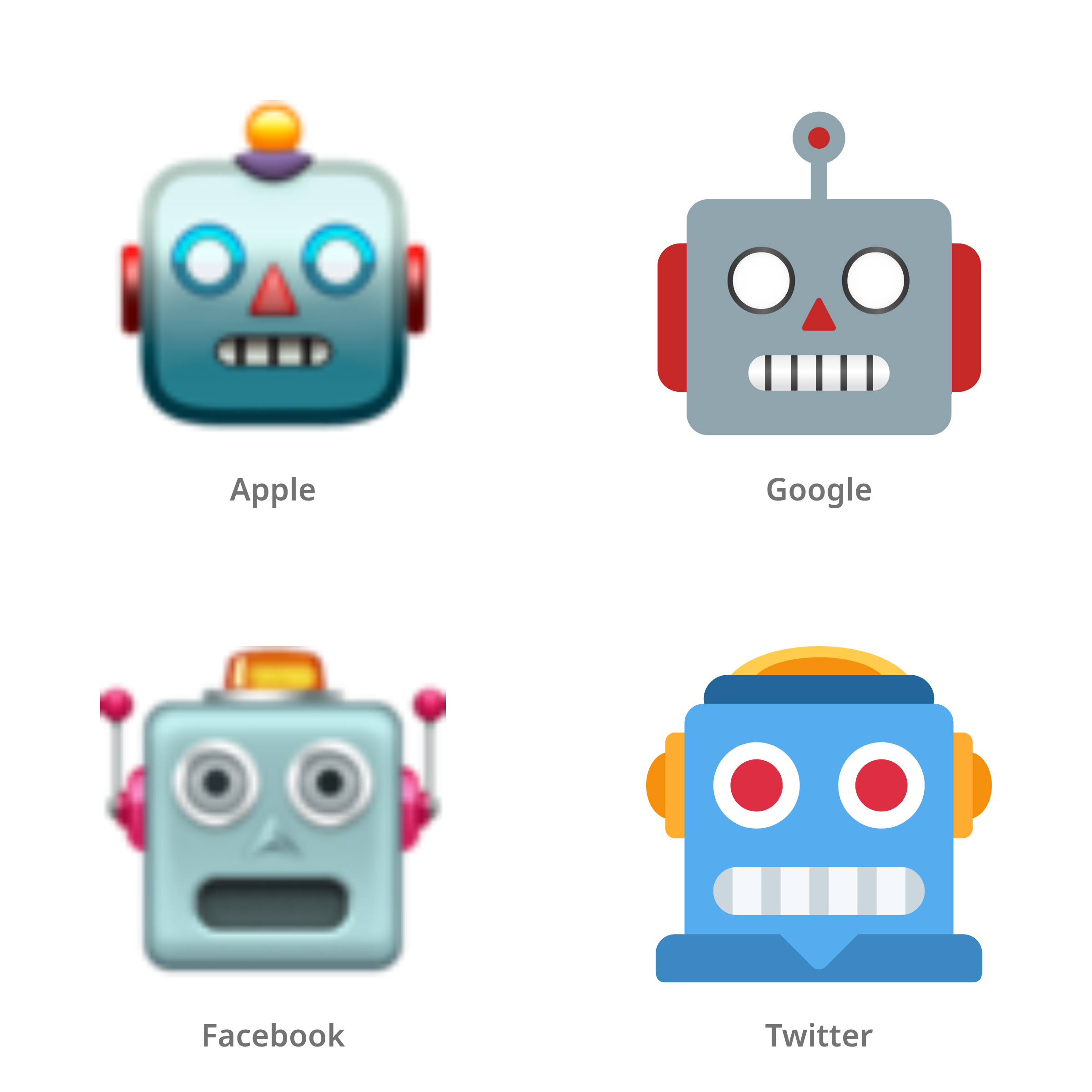 De emoji robot in Apple-, Google-, Facebook- en Twitter-stijl