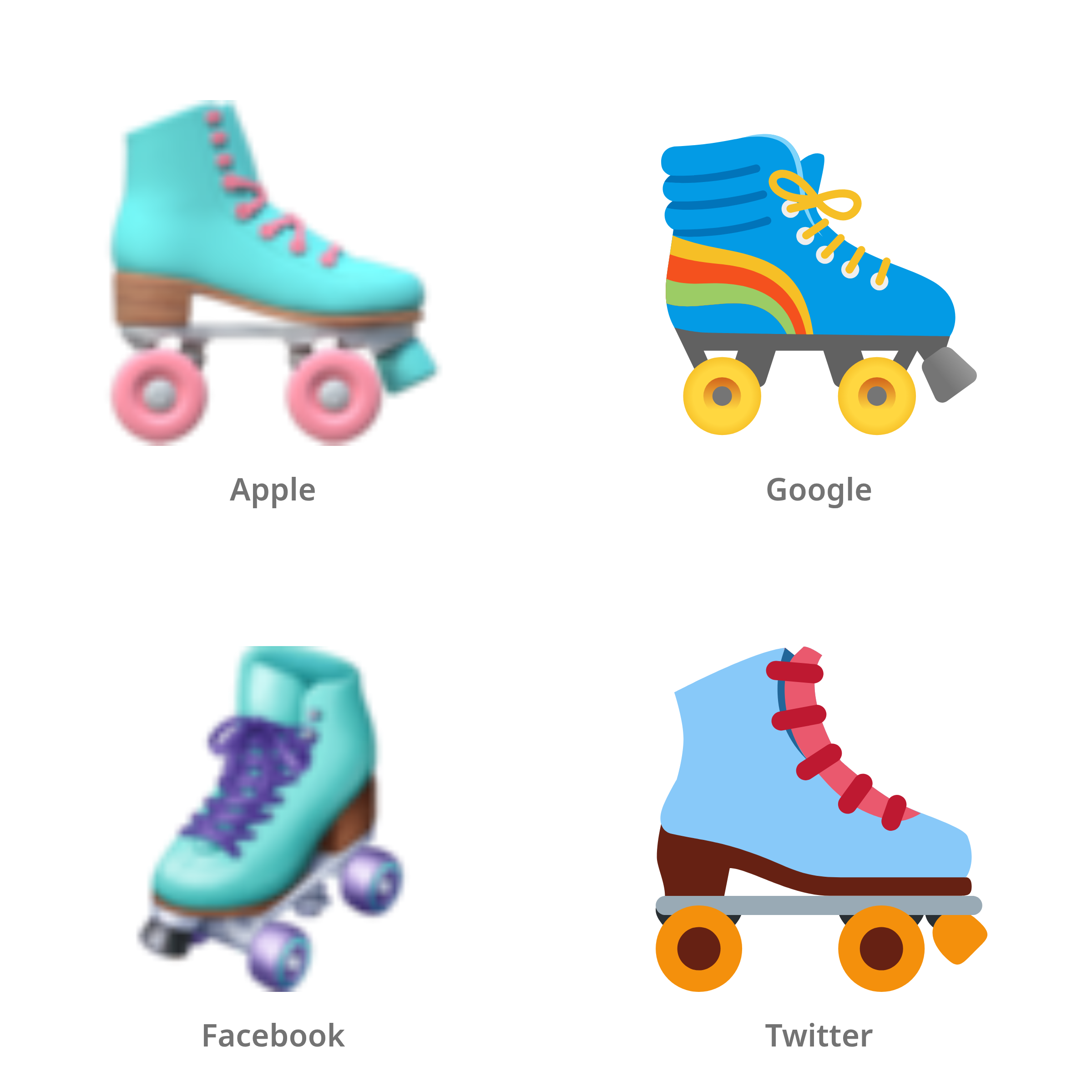 De emoji rolschaats in Apple-, Google-, Facebook- en Twitter-stijl