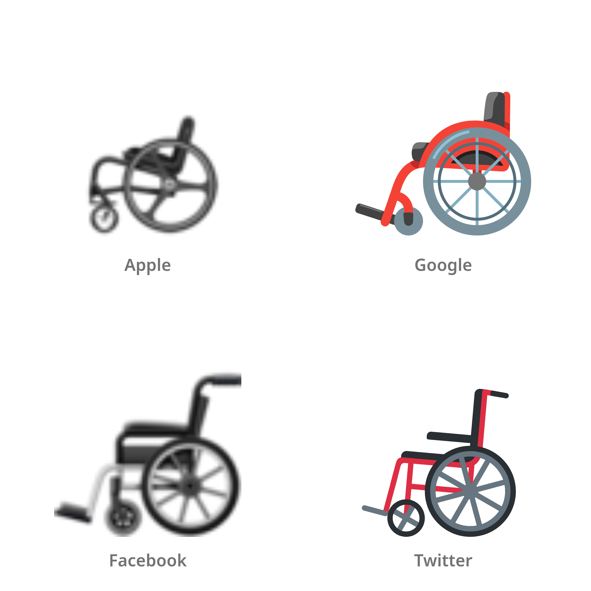 De emoji rolstoel in Apple-, Google-, Facebook- en Twitter-stijl