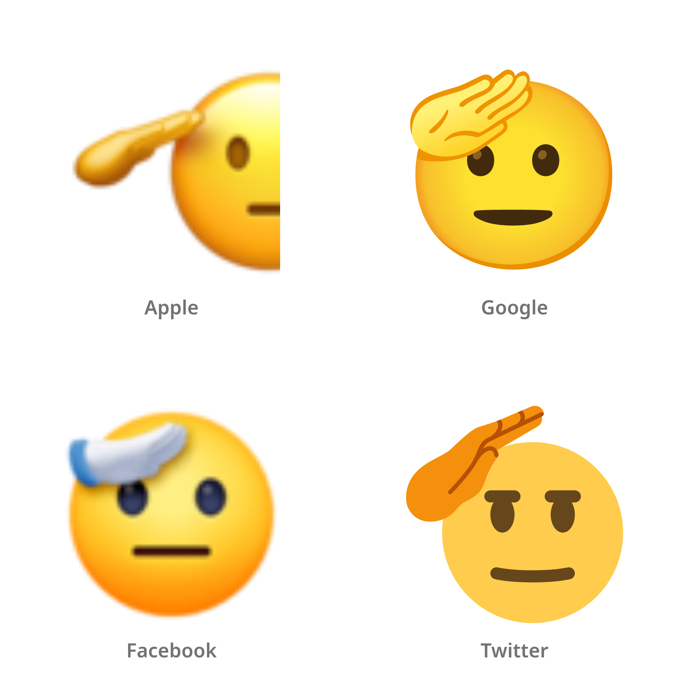 De emoji saluerend gezicht in Apple-, Google-, Facebook- en Twitter-stijl