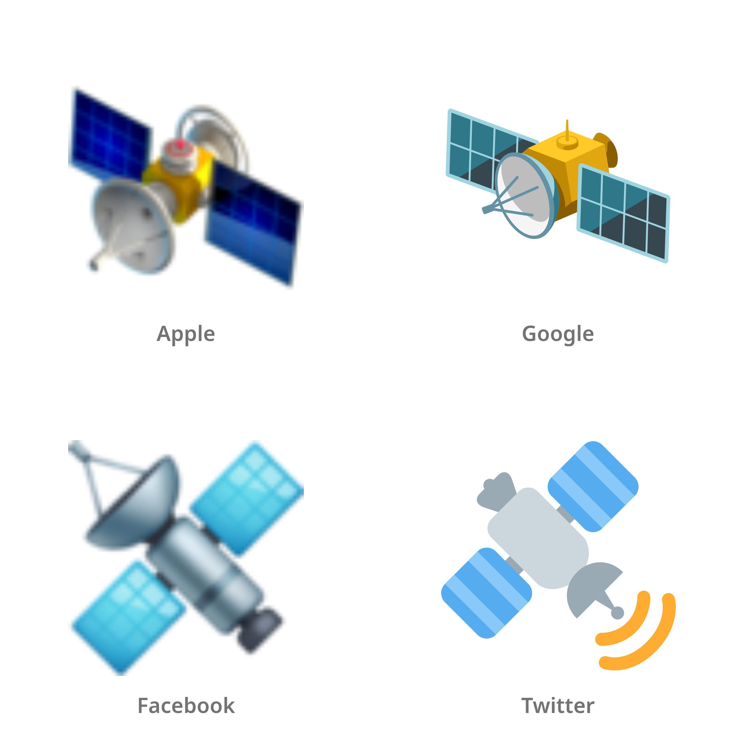De emoji satelliet in Apple-, Google-, Facebook- en Twitter-stijl