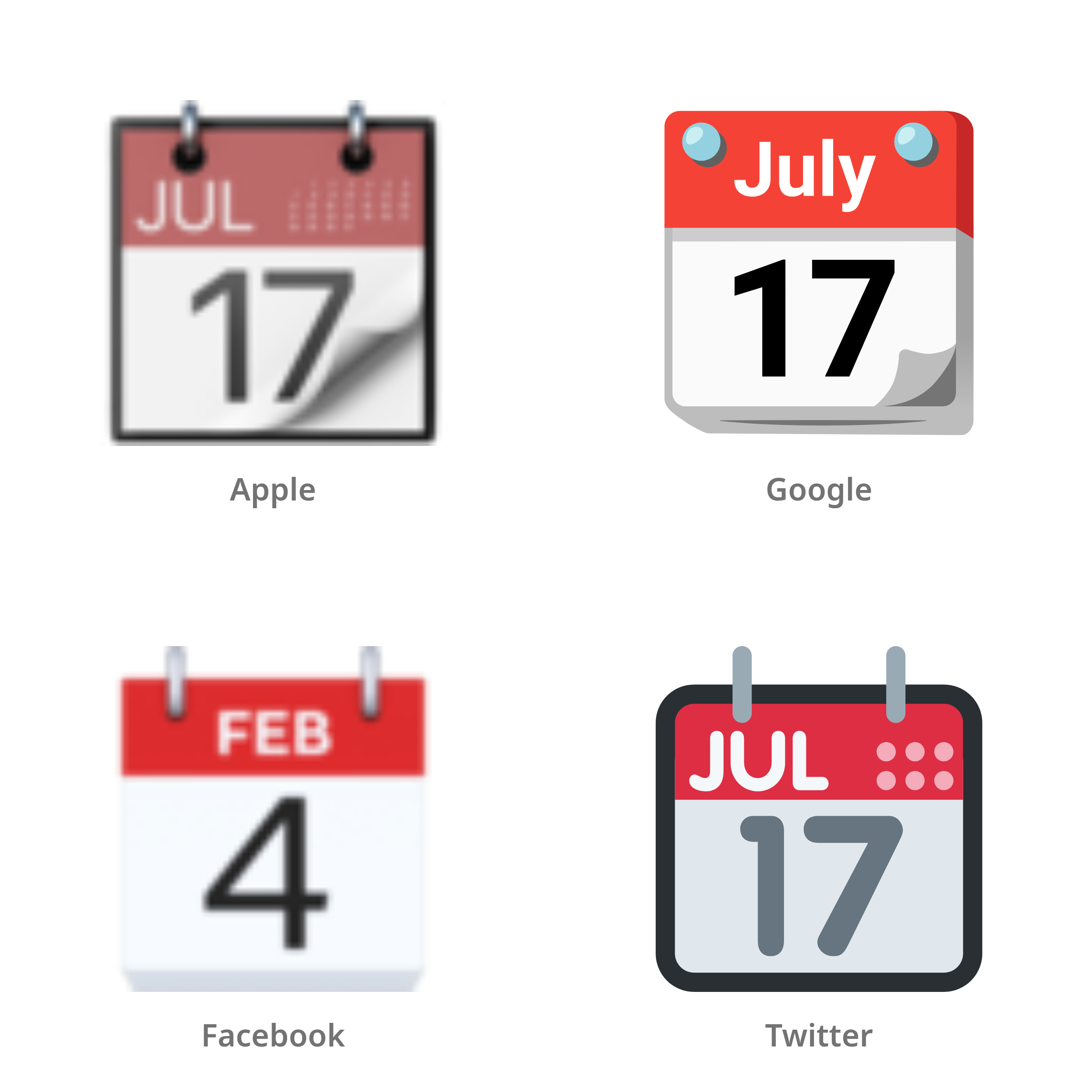 De emoji scheurkalender in Apple-, Google-, Facebook- en Twitter-stijl