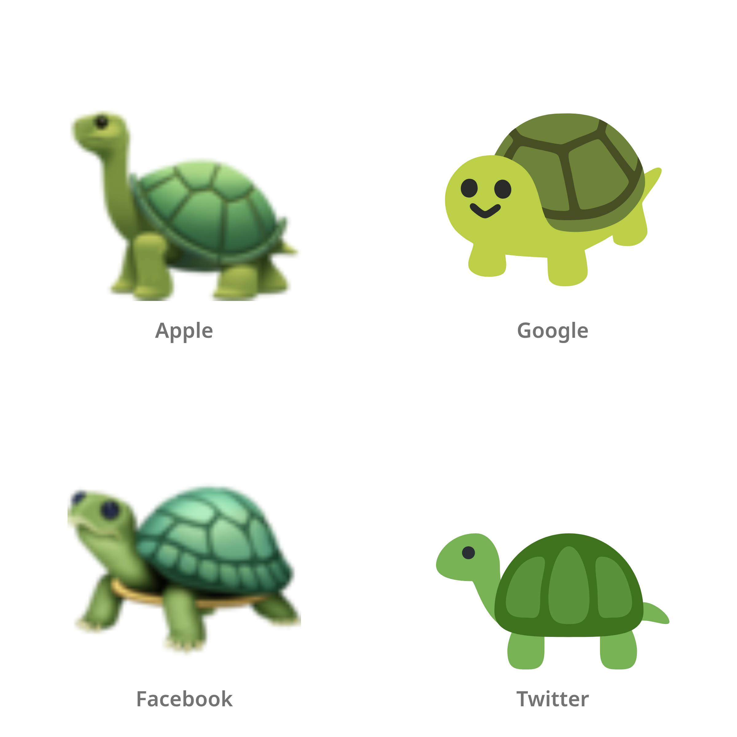 De emoji schildpad in Apple-, Google-, Facebook- en Twitter-stijl