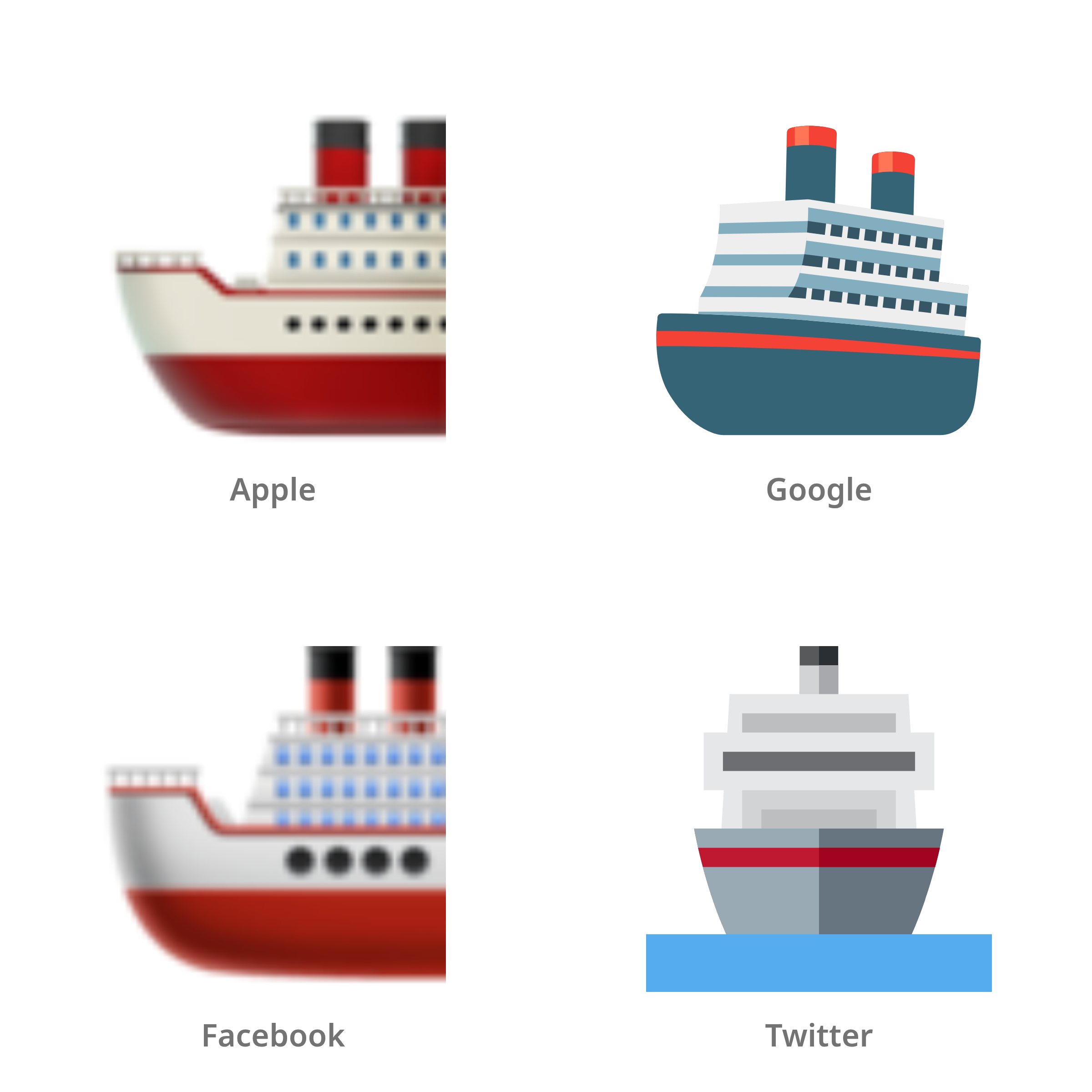 De emoji schip in Apple-, Google-, Facebook- en Twitter-stijl