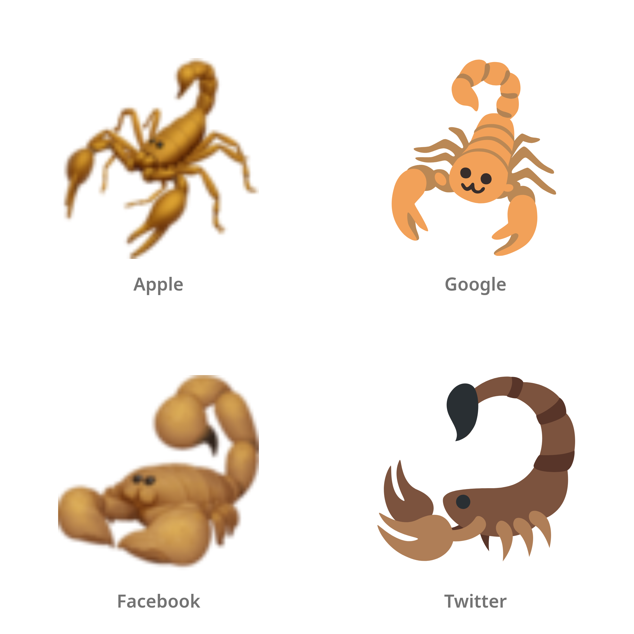 De emoji schorpioen in Apple-, Google-, Facebook- en Twitter-stijl