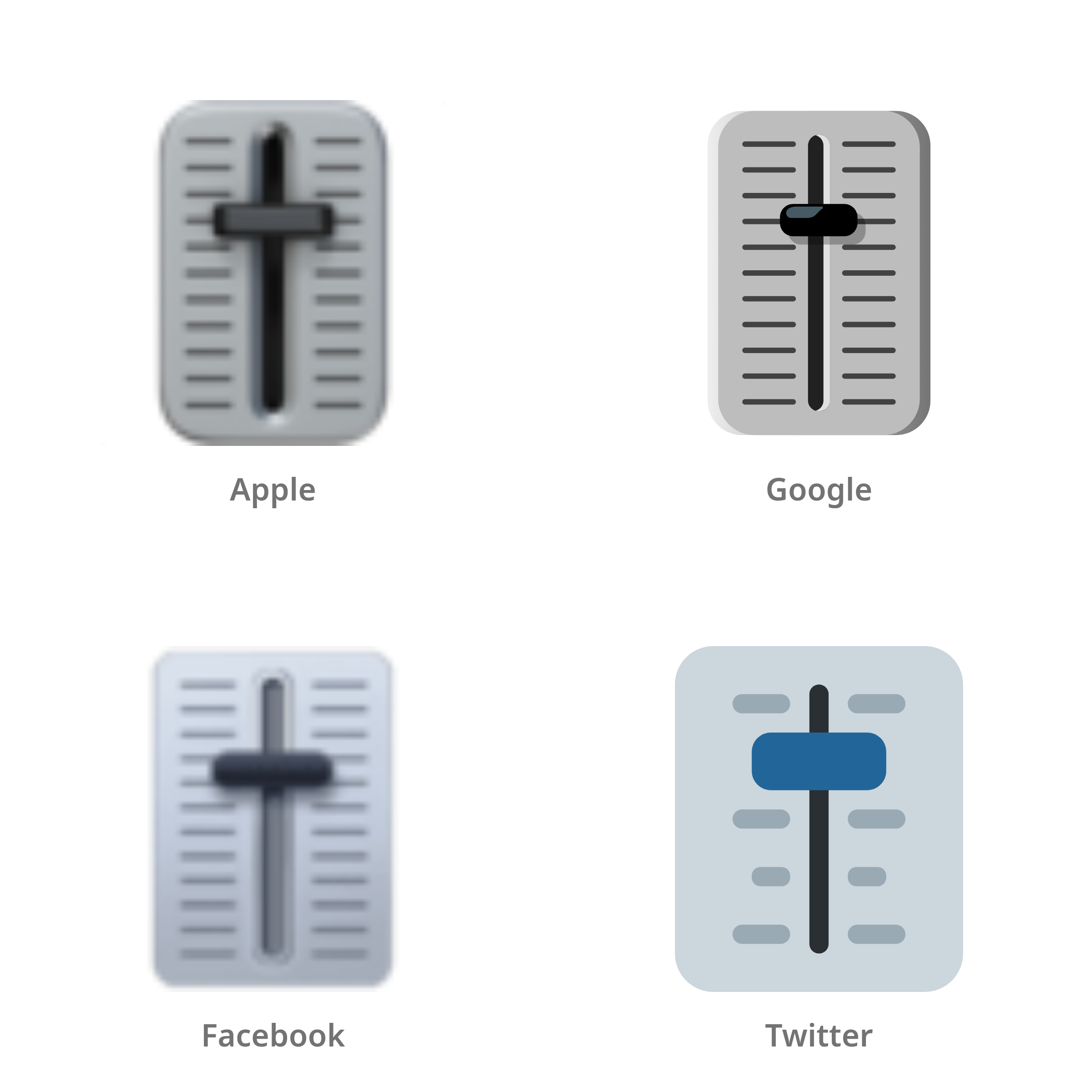 De emoji schuifregelaar in Apple-, Google-, Facebook- en Twitter-stijl