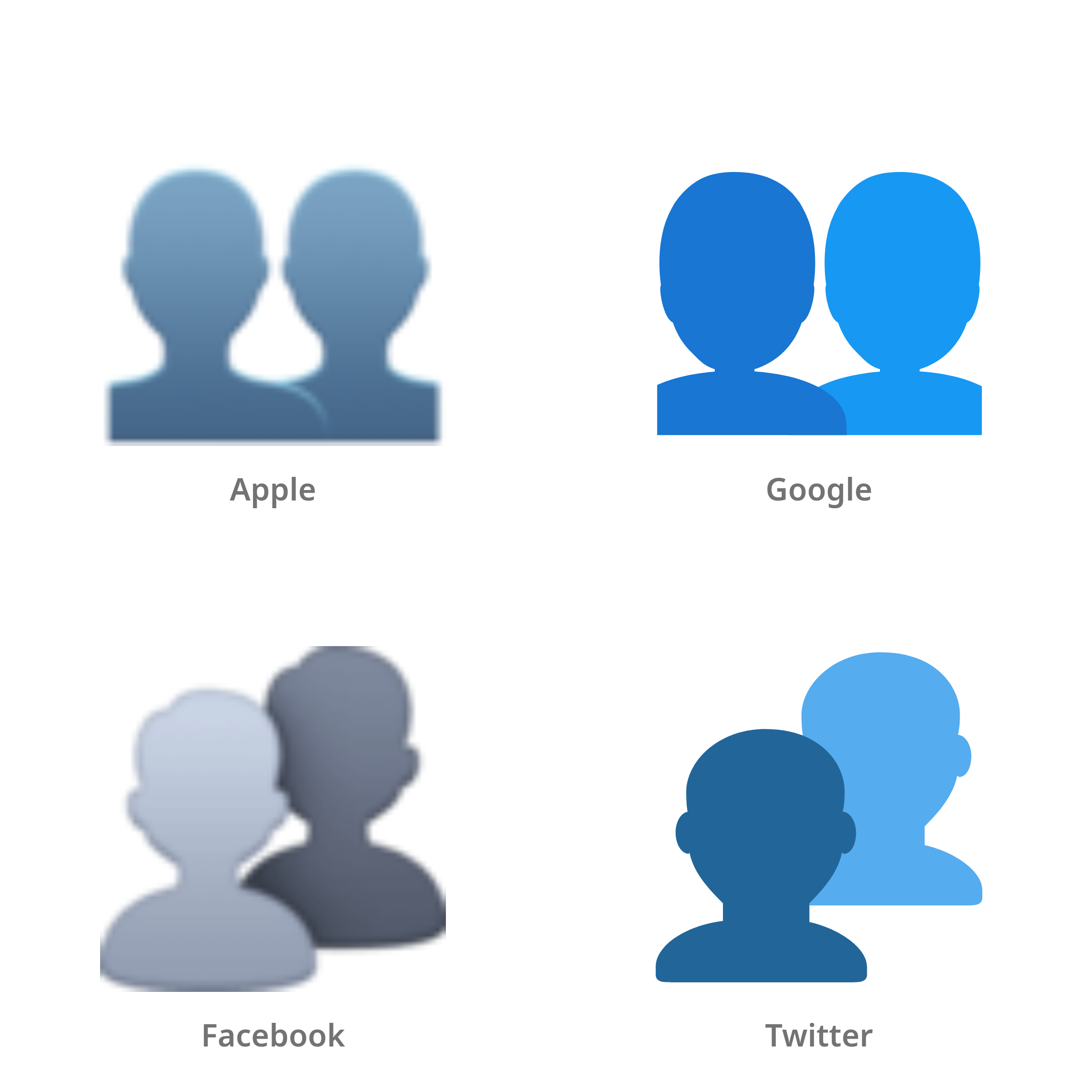 De emoji silhouet van twee personen in Apple-, Google-, Facebook- en Twitter-stijl