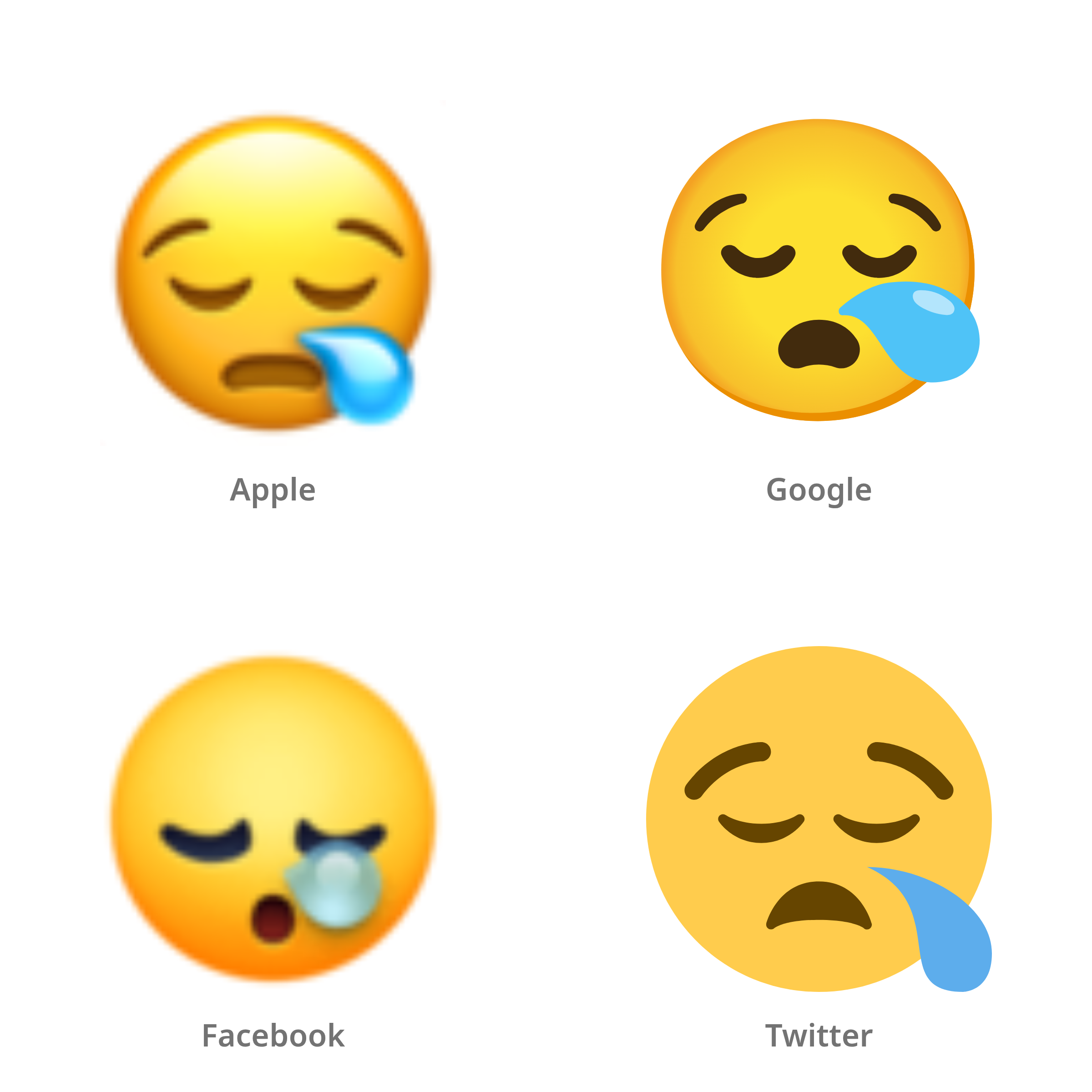 De emoji slaperig gezicht in Apple-, Google-, Facebook- en Twitter-stijl