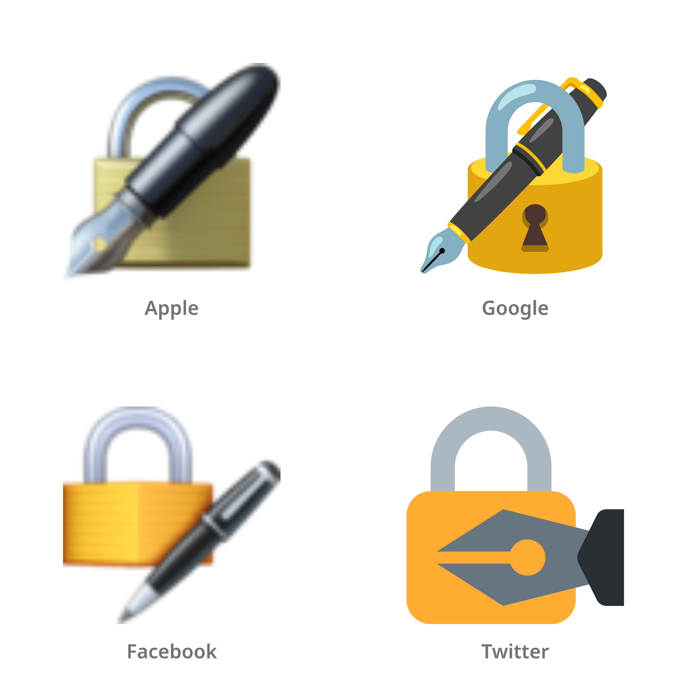 De emoji slot met pen in Apple-, Google-, Facebook- en Twitter-stijl