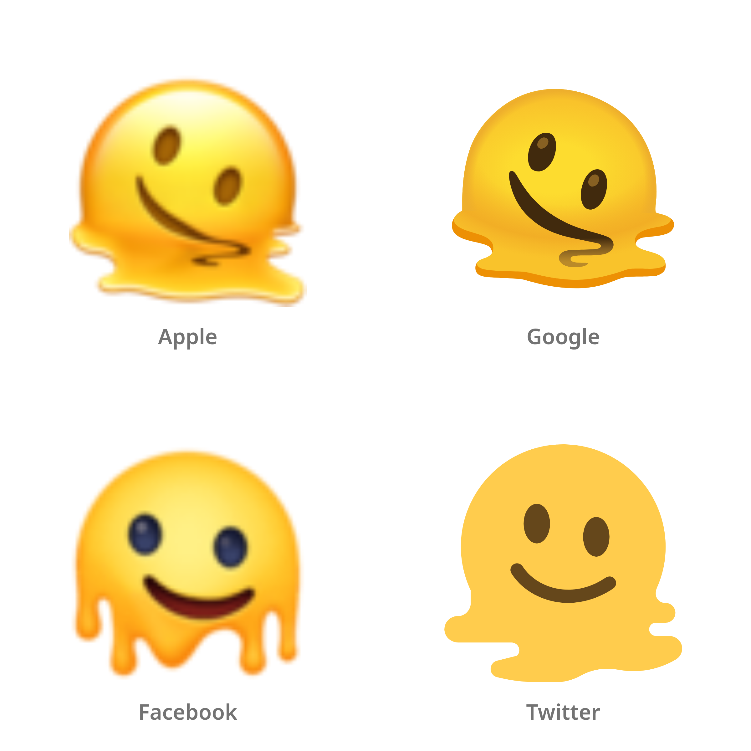 De emoji smeltend gezicht in Apple-, Google-, Facebook- en Twitter-stijl