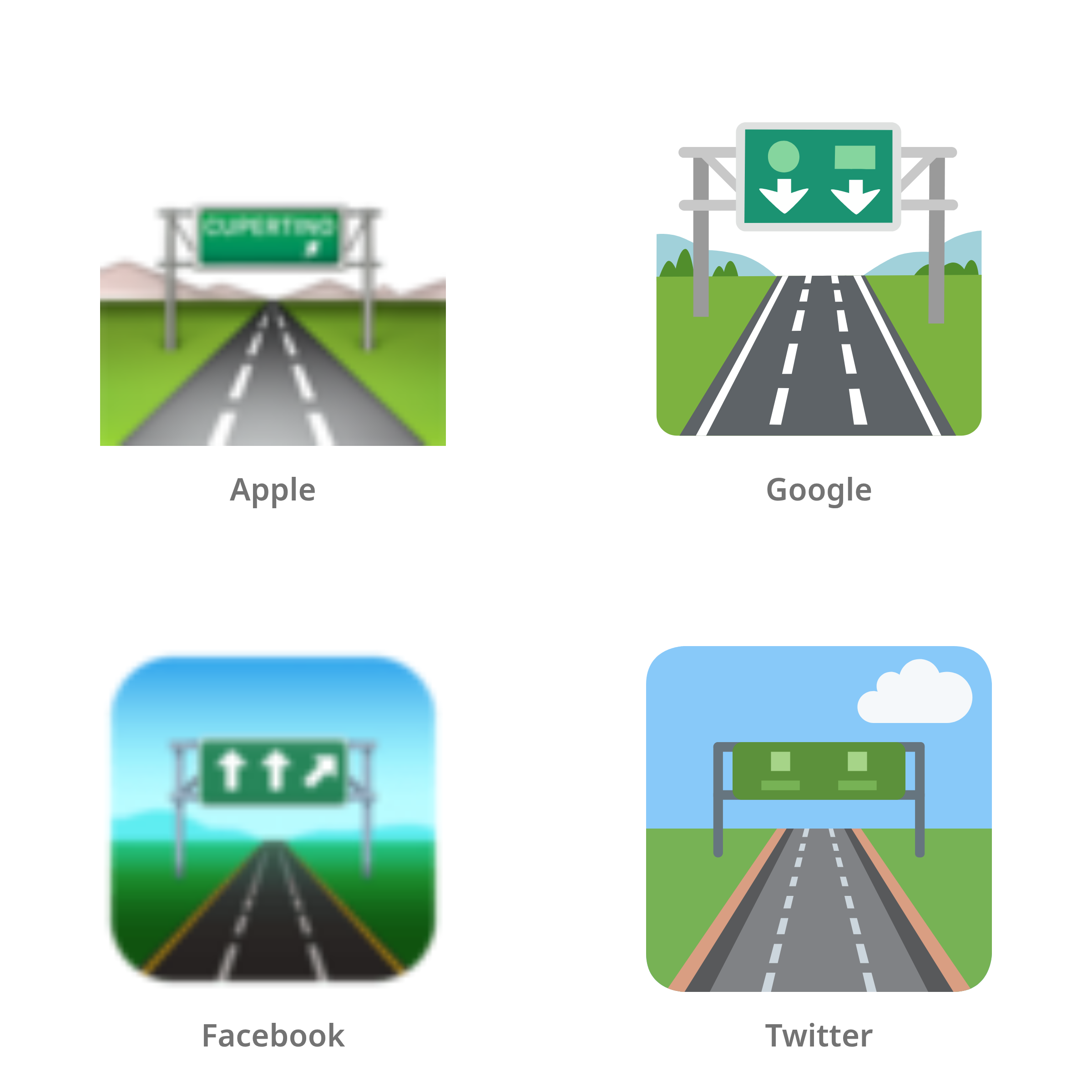 De emoji snelweg in Apple-, Google-, Facebook- en Twitter-stijl