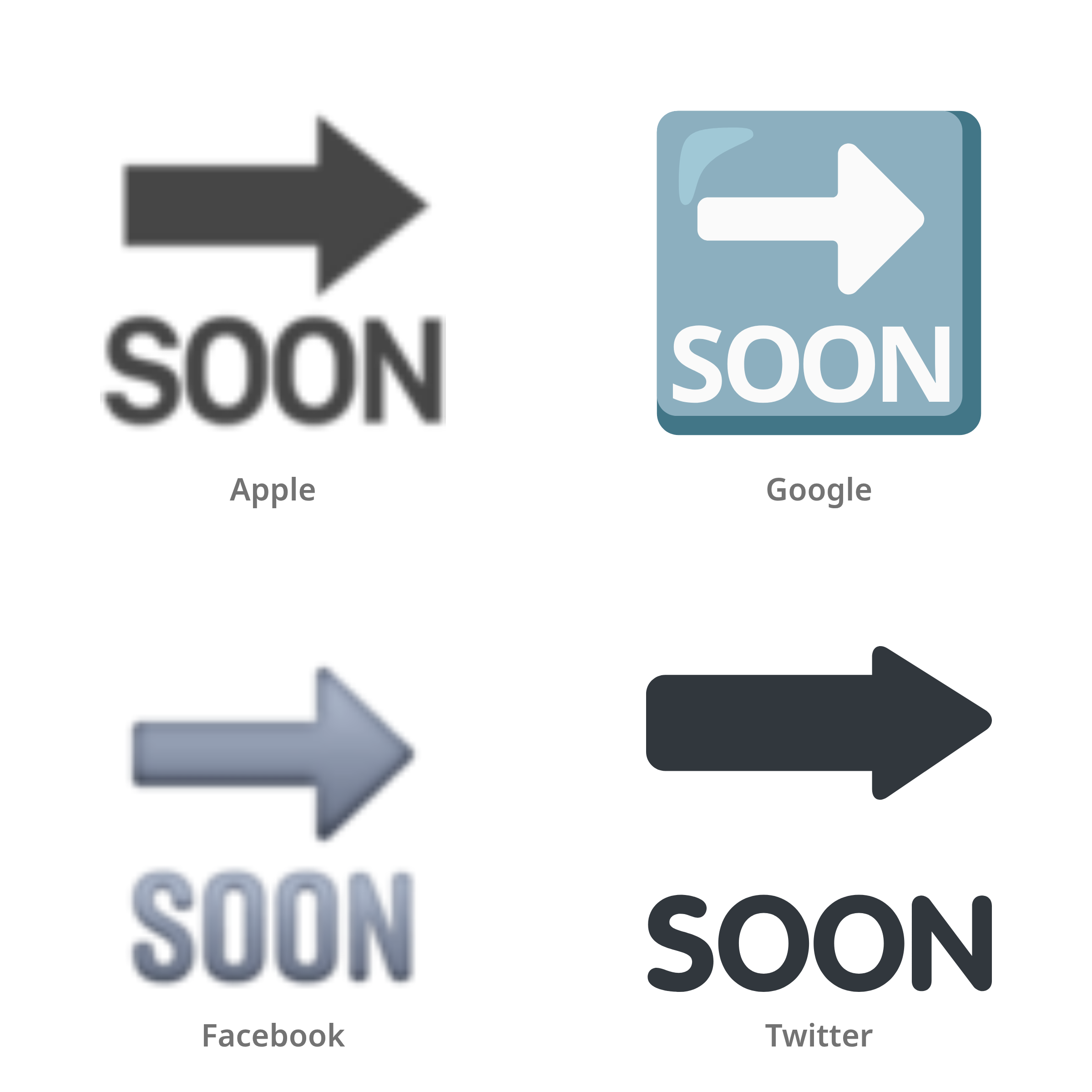 De emoji SOON-pijl in Apple-, Google-, Facebook- en Twitter-stijl