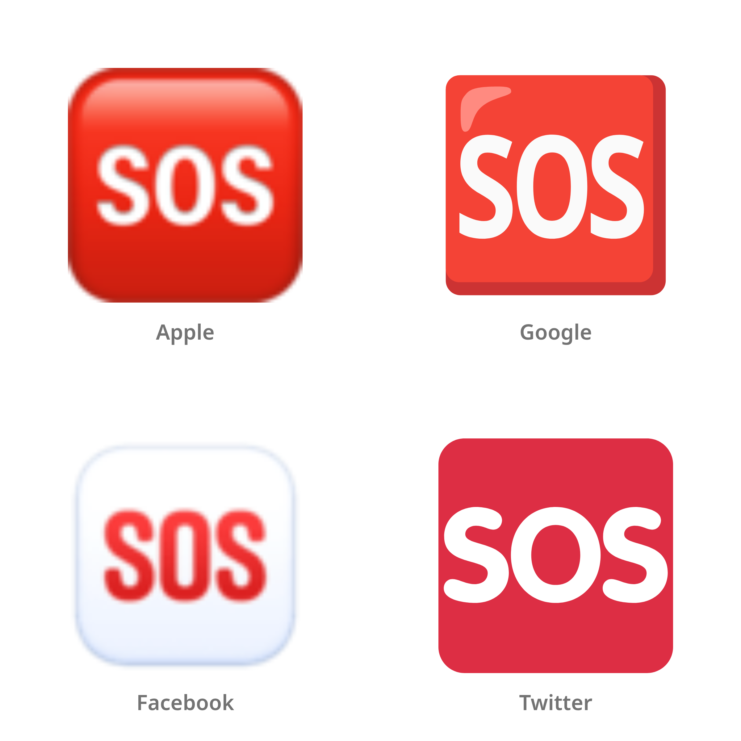 De emoji SOS-knop in Apple-, Google-, Facebook- en Twitter-stijl