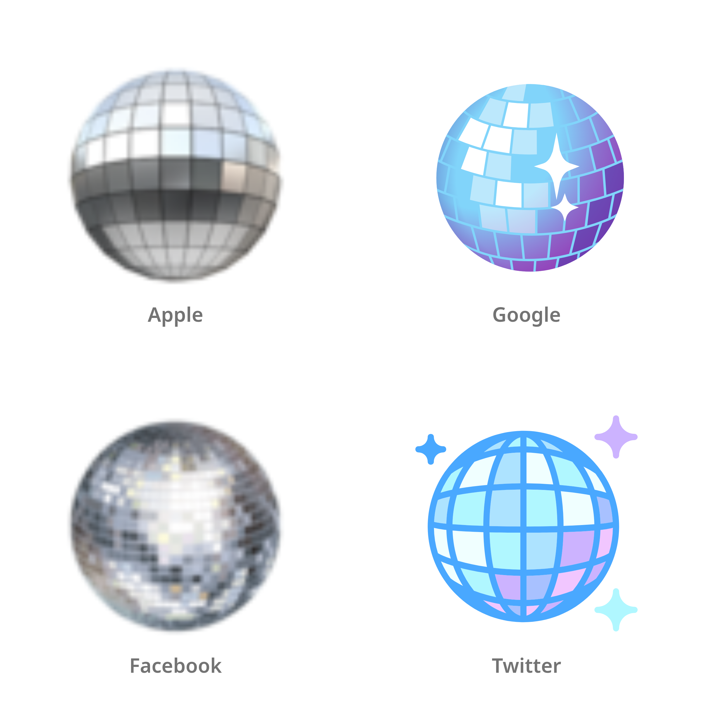 De emoji spiegelbal in Apple-, Google-, Facebook- en Twitter-stijl