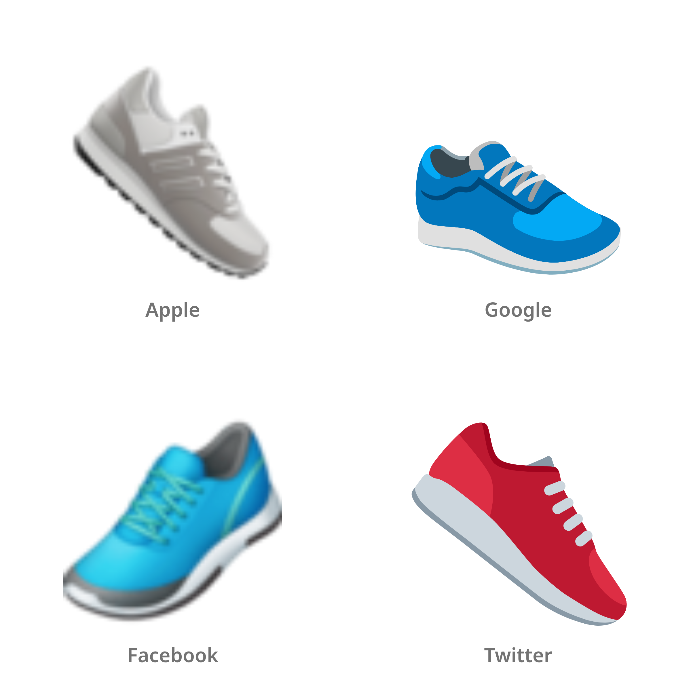 De emoji sportschoen in Apple-, Google-, Facebook- en Twitter-stijl