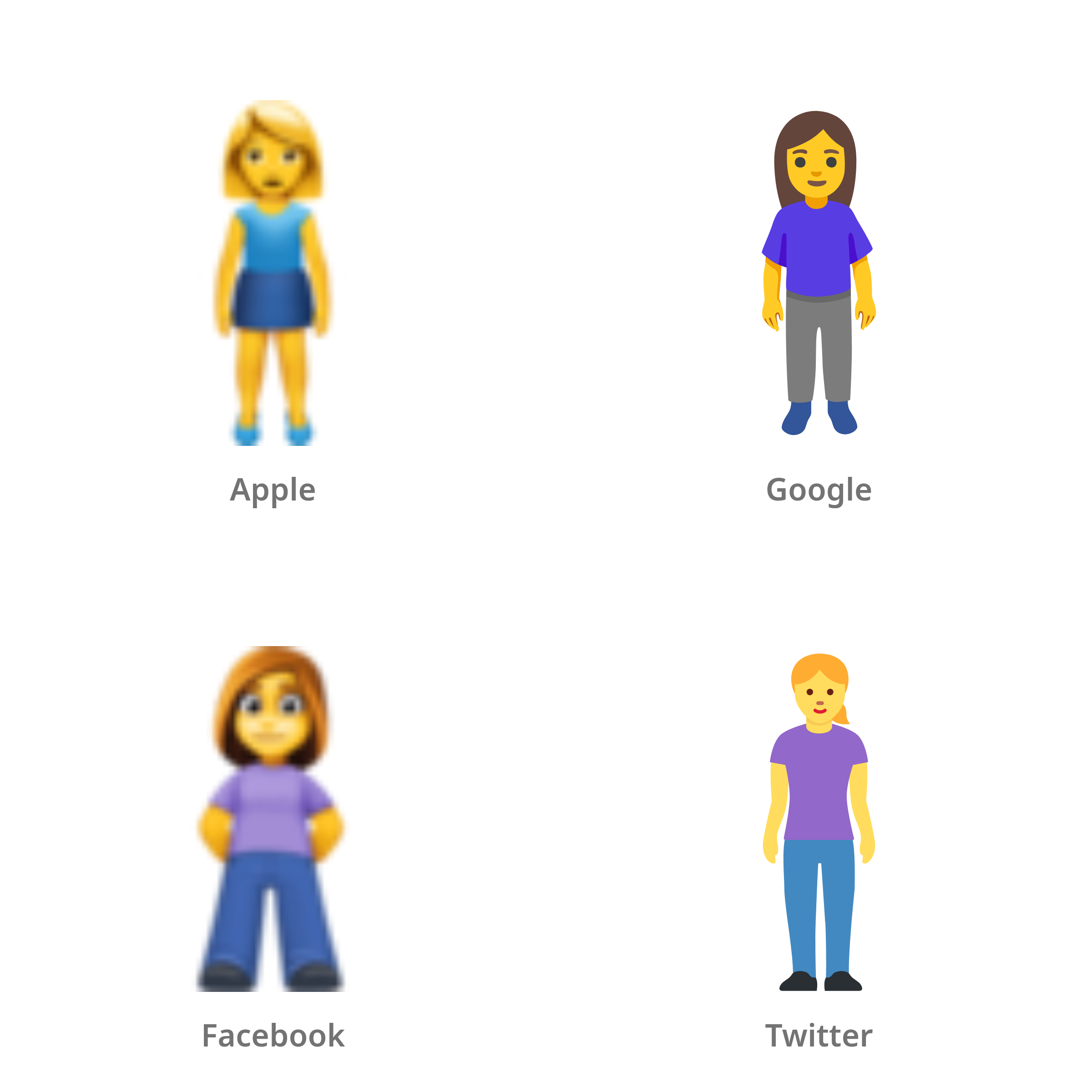 De emoji staande vrouw in Apple-, Google-, Facebook- en Twitter-stijl