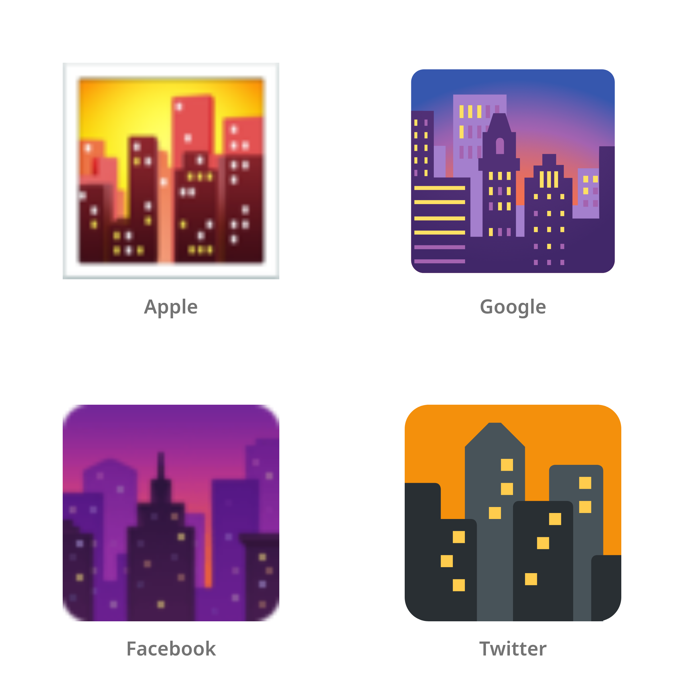 De emoji stad bij schemering in Apple-, Google-, Facebook- en Twitter-stijl