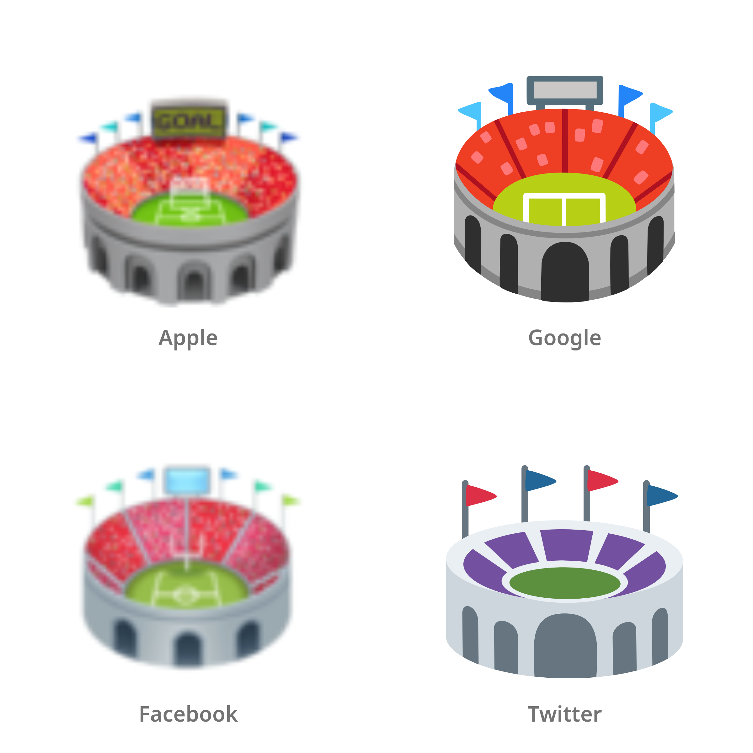 De emoji stadion in Apple-, Google-, Facebook- en Twitter-stijl