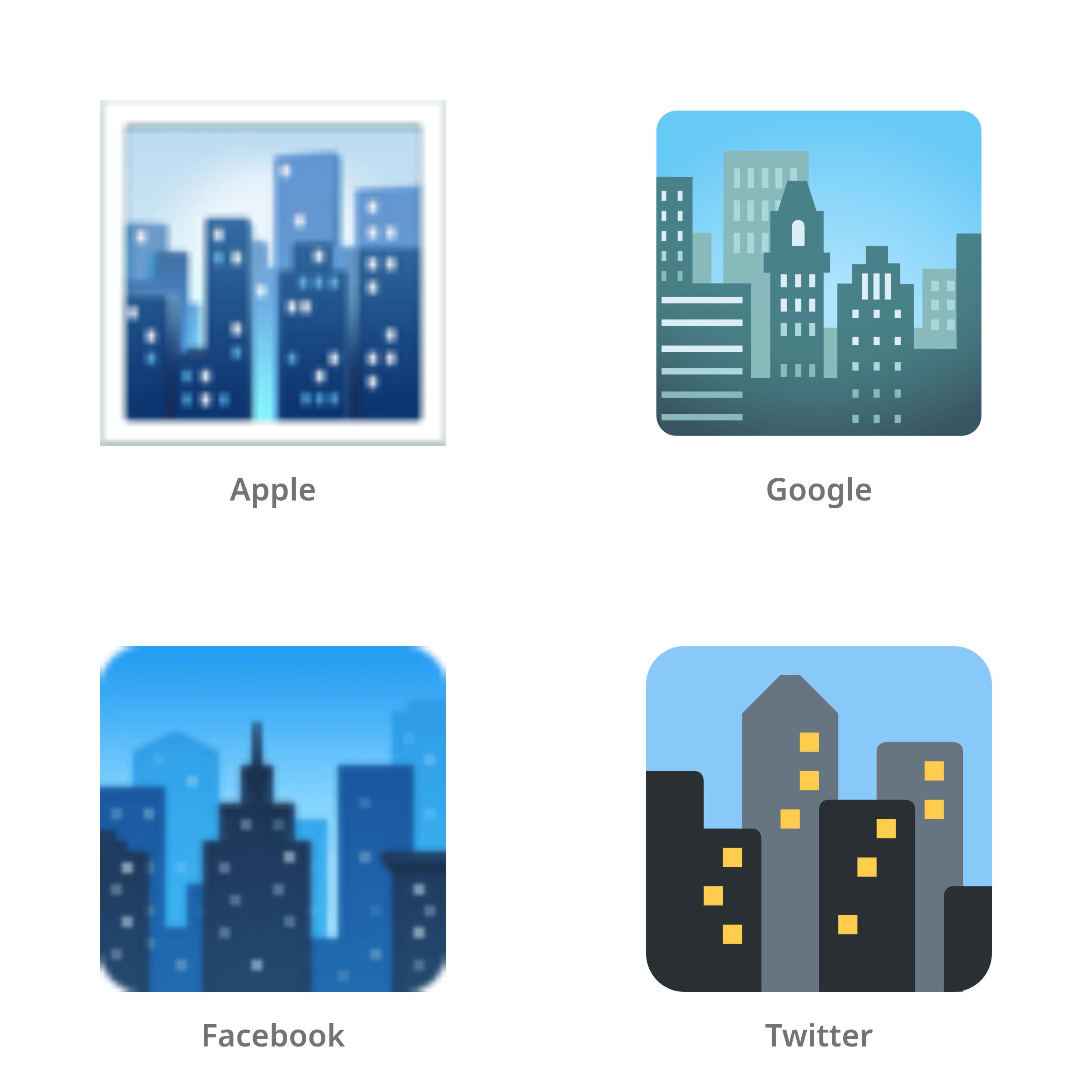 De emoji stadsgezicht in Apple-, Google-, Facebook- en Twitter-stijl