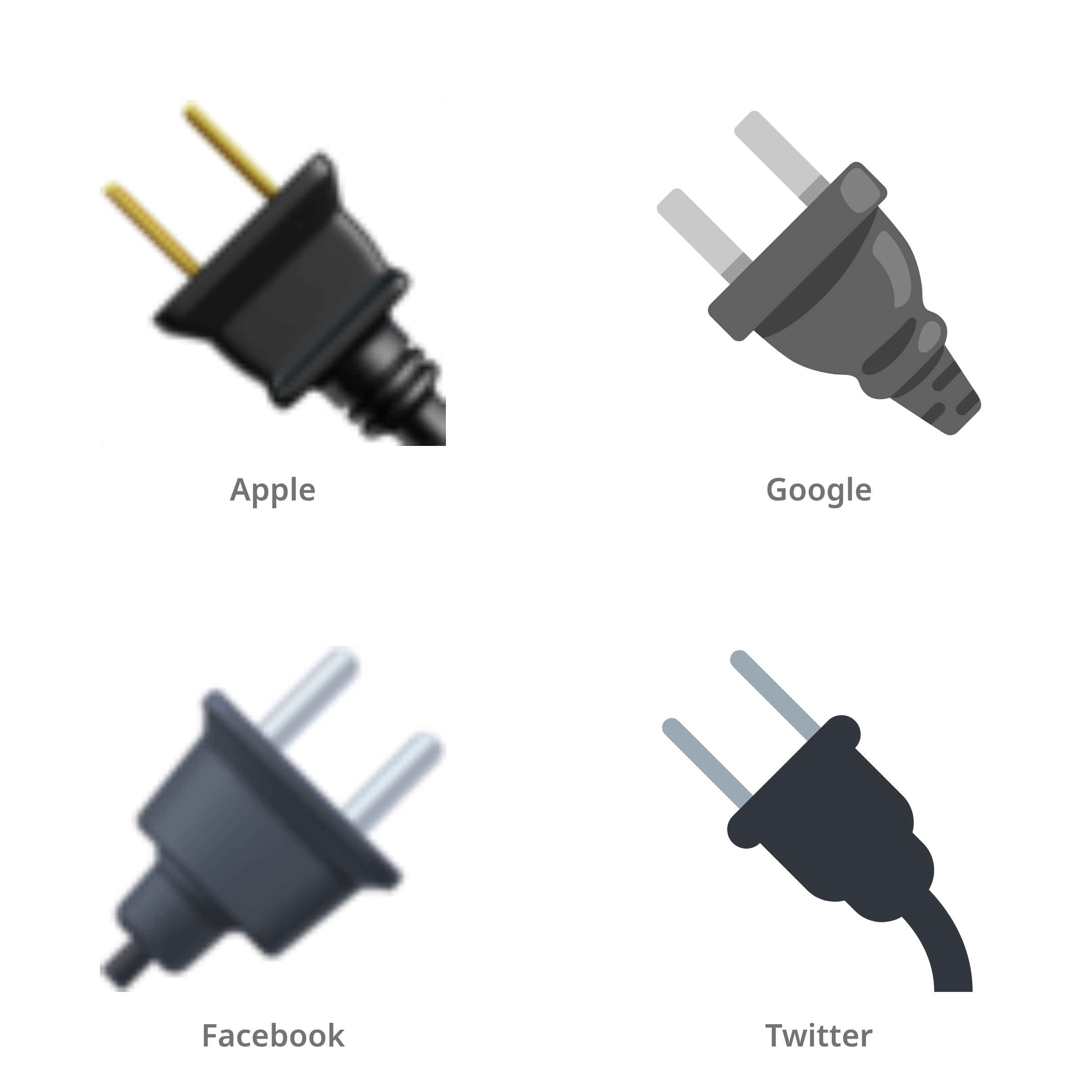 De emoji stekker in Apple-, Google-, Facebook- en Twitter-stijl