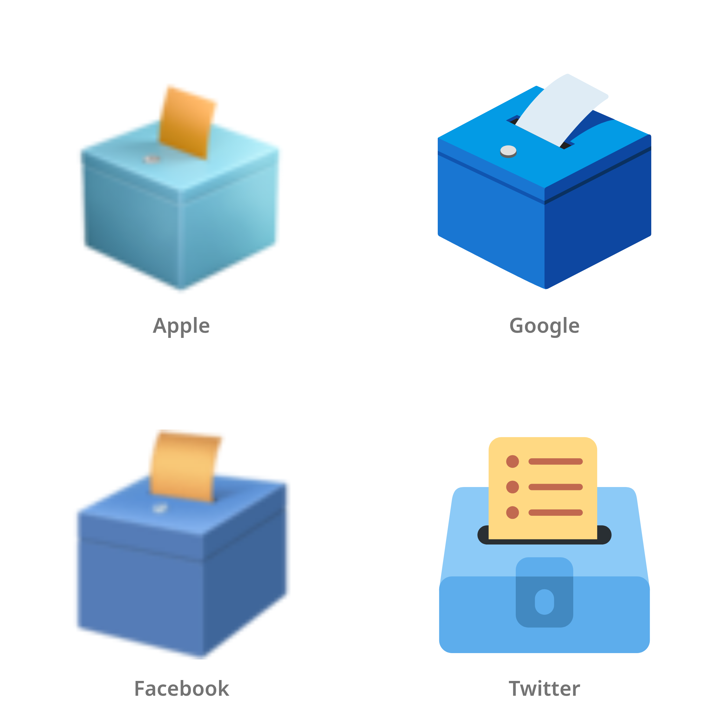 De emoji stembus met stembiljet in Apple-, Google-, Facebook- en Twitter-stijl