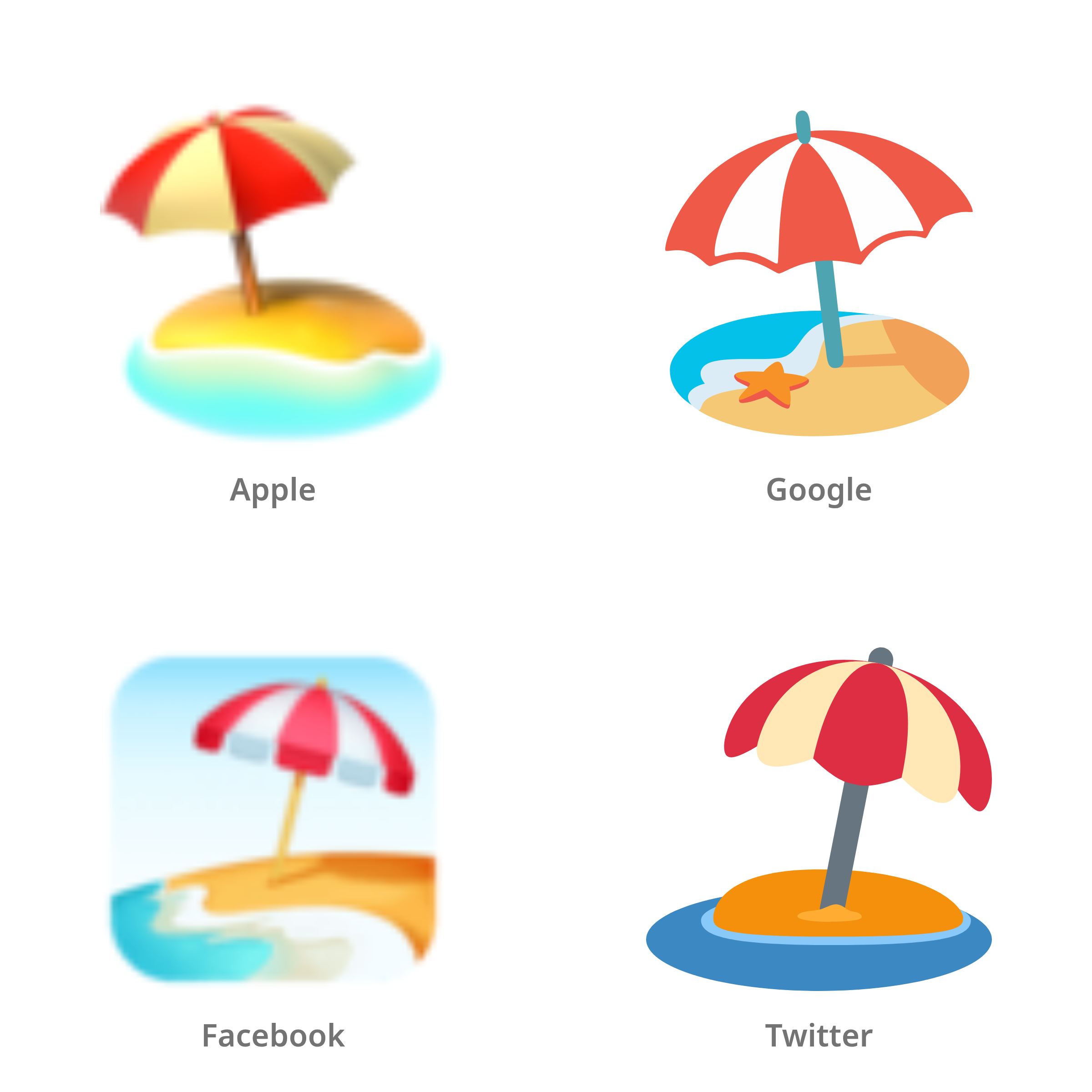 De emoji strand met parasol in Apple-, Google-, Facebook- en Twitter-stijl