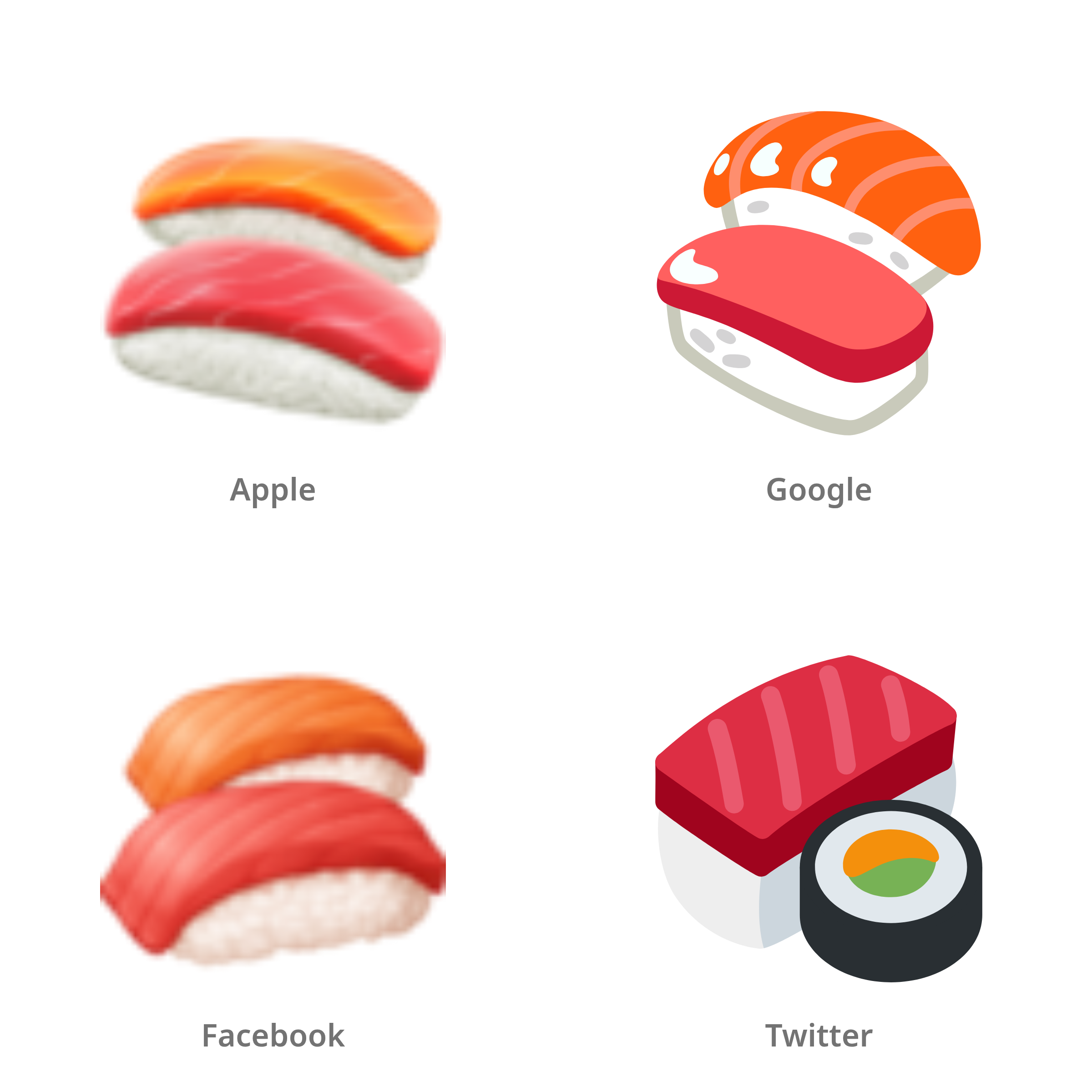 De emoji sushi in Apple-, Google-, Facebook- en Twitter-stijl